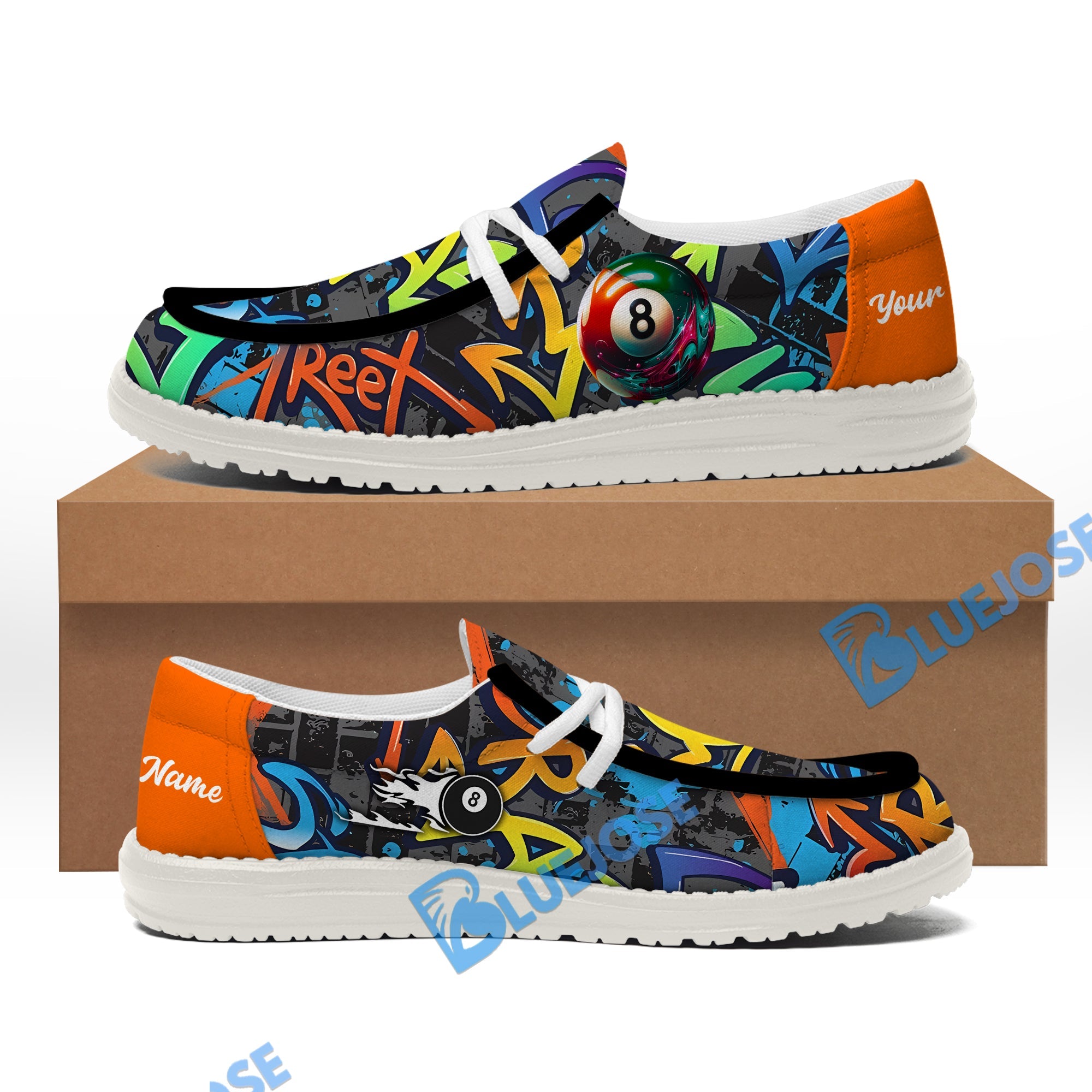 BlueJose Billiards Ball 8 Graffiti Street White Orange Blue Canvas Loafer Shoes