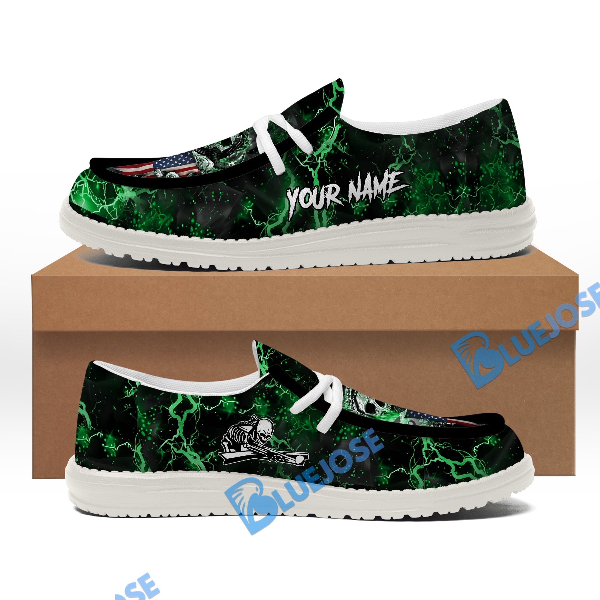 BlueJose Billiards Ball 8 Fire Skull US Flag Green White Canvas Loafer Shoes