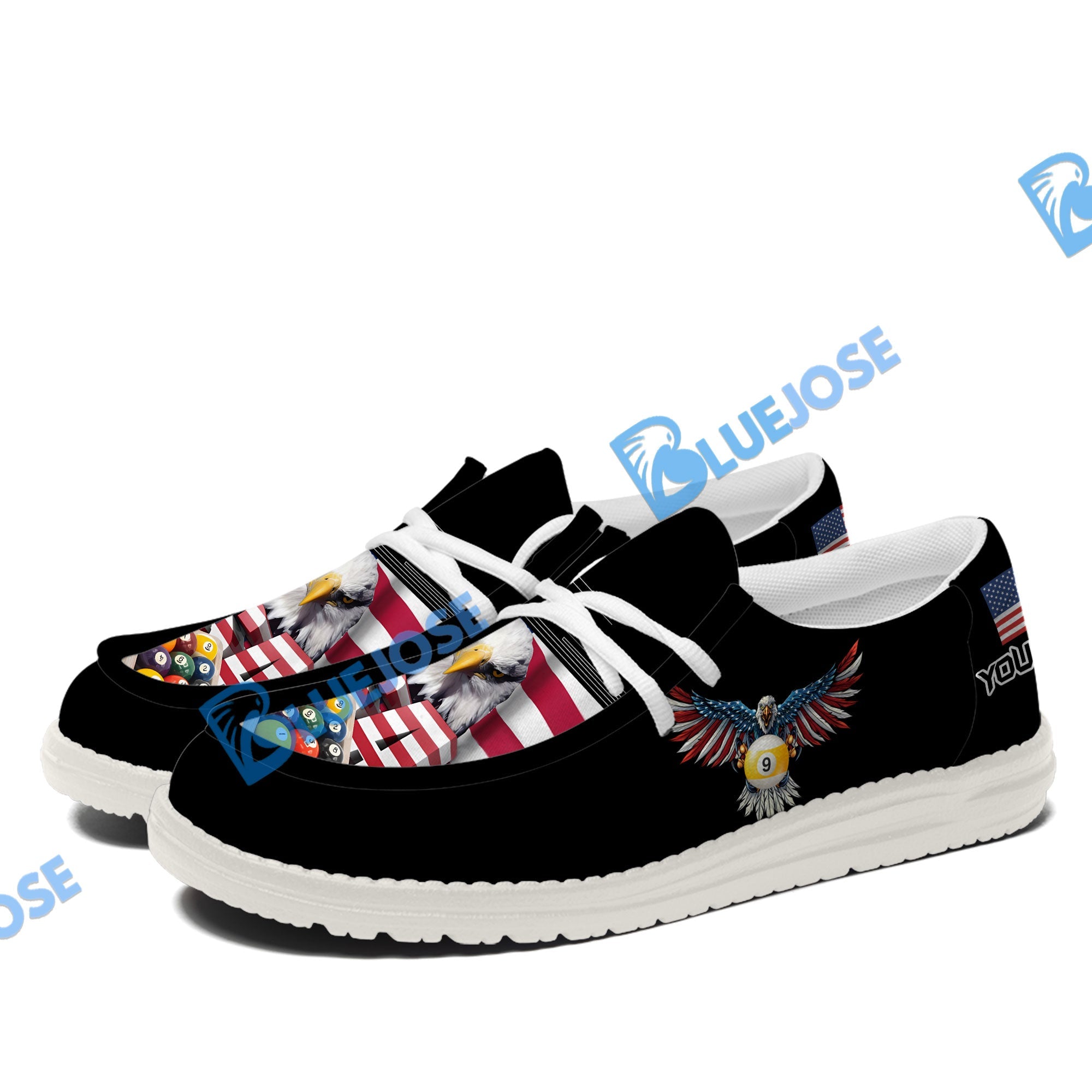 BlueJose Billiards 9 Ball Rack USA Eagle White Canvas Loafer Shoes