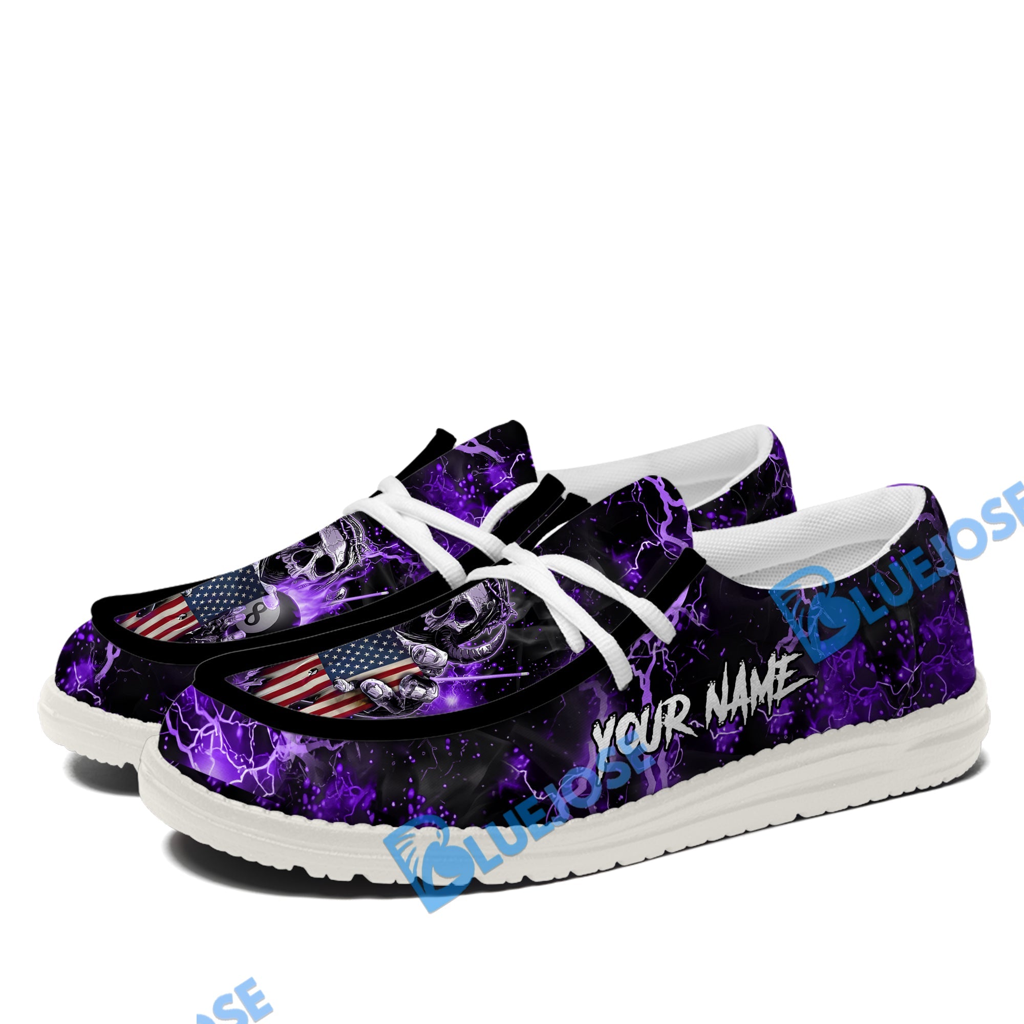 BlueJose Billiards Ball 8 Fire Skull US Flag Purple White Canvas Loafer Shoes