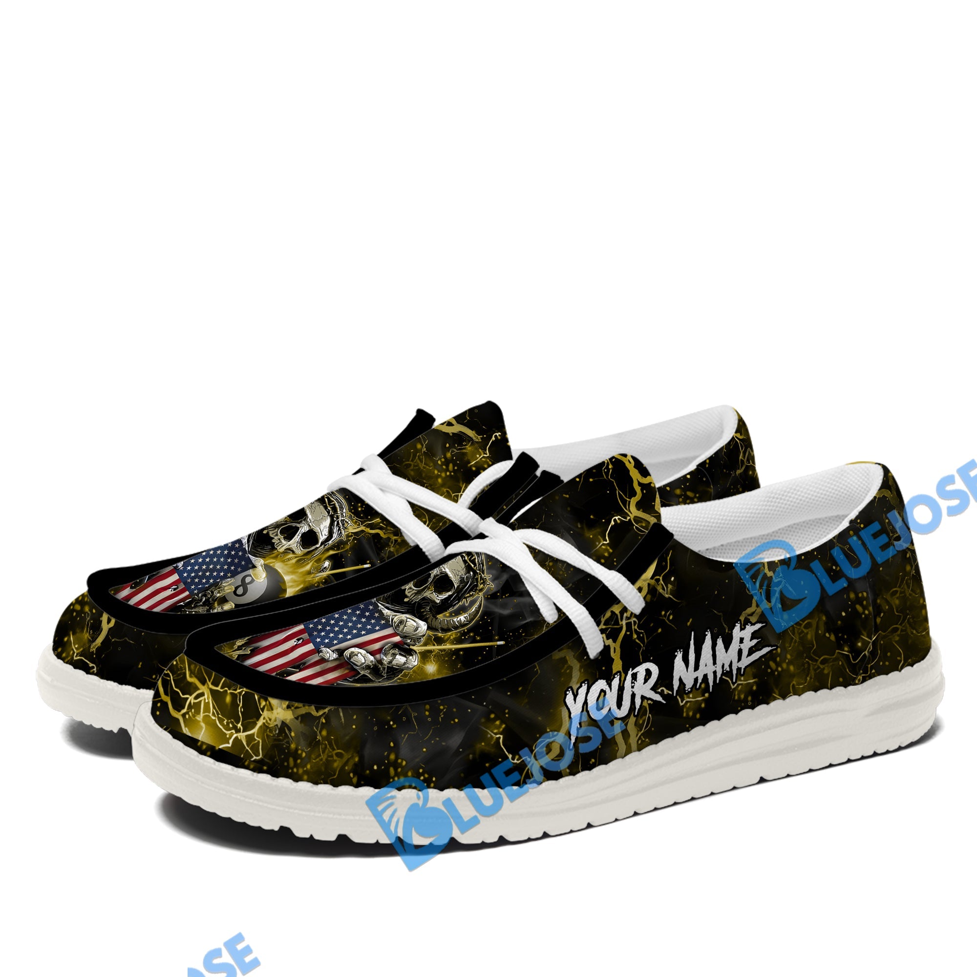BlueJose Billiards Ball 8 Fire Skull US Flag Yellow White Canvas Loafer Shoes