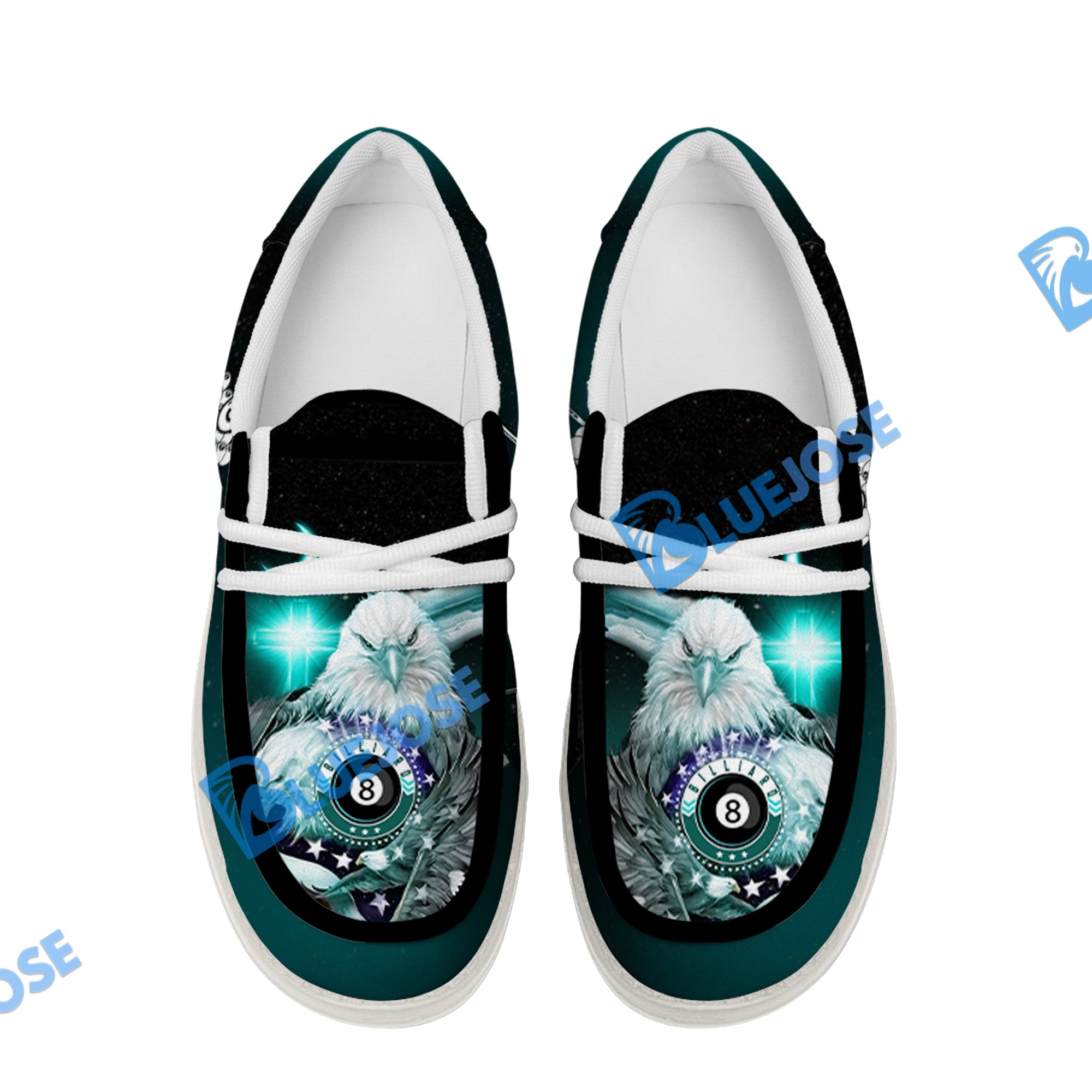 BlueJose Billiards Ball 8 Cross Eagle American Flag  White Canvas Loafer Shoes (4 Colors)