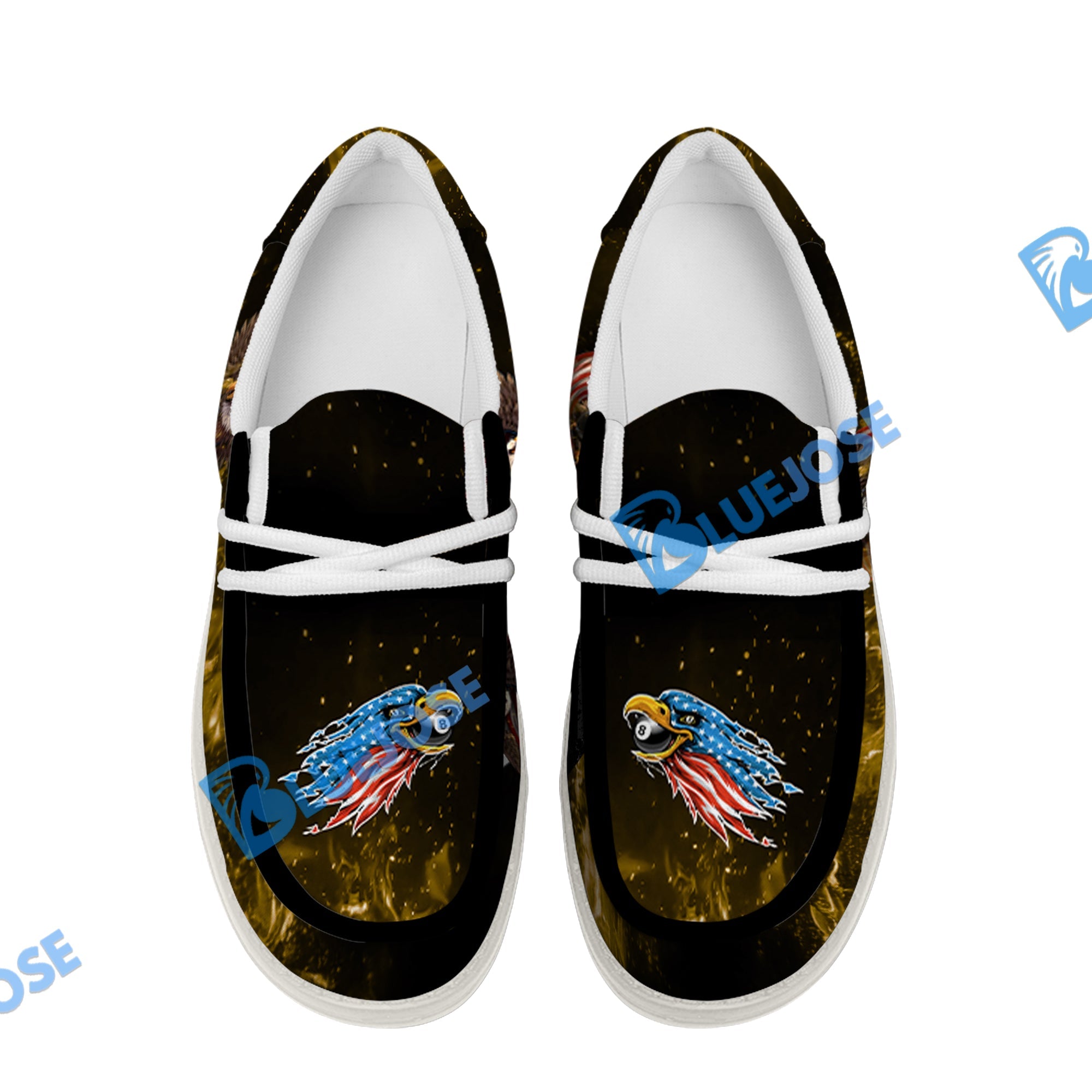 BlueJose Billiards Ball 8 Eagle US Flag Pattern 2 White Canvas Loafer Shoes (3 Colors)