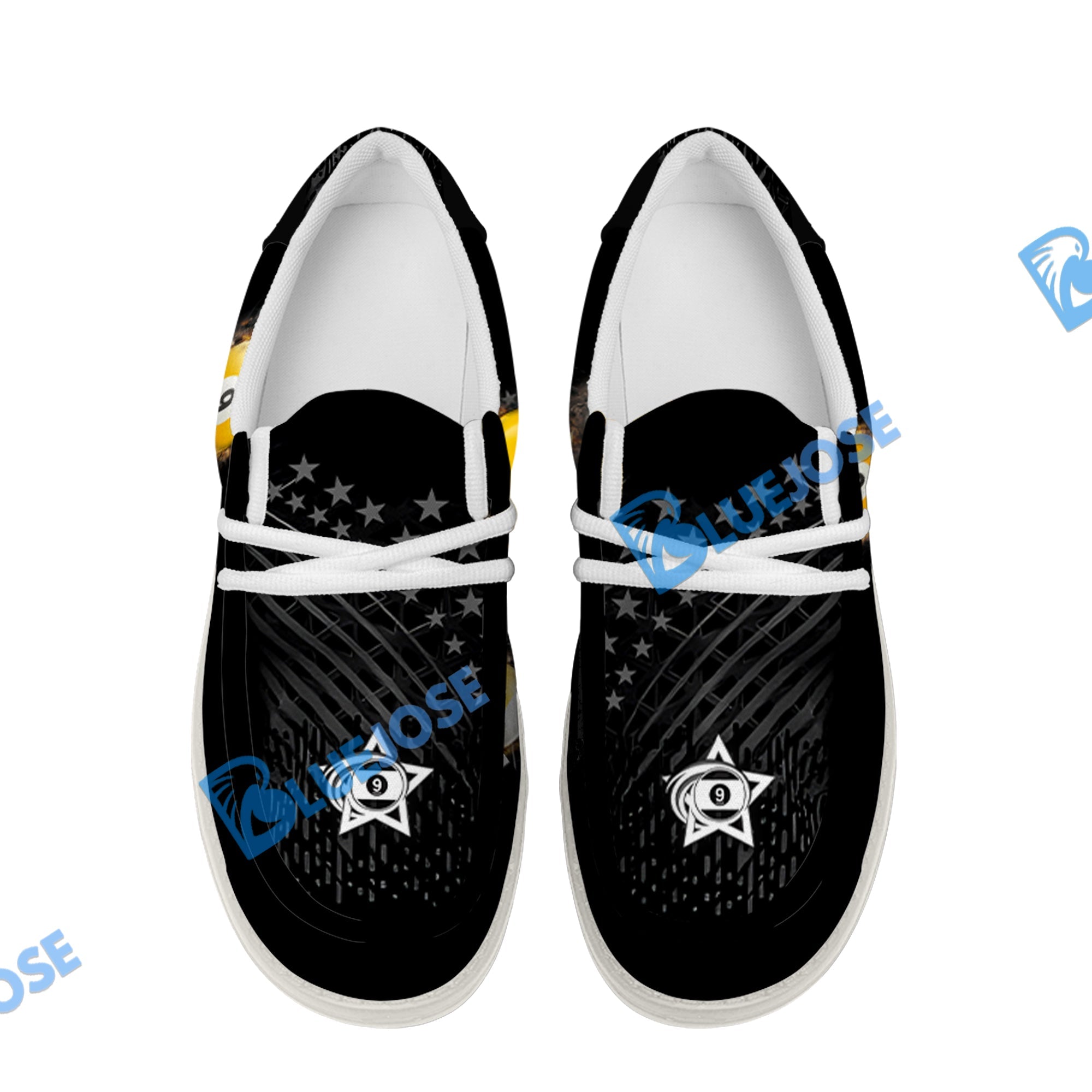 BlueJose Billiards Ball 9 Fire Black US Flag White Canvas Loafer Shoes