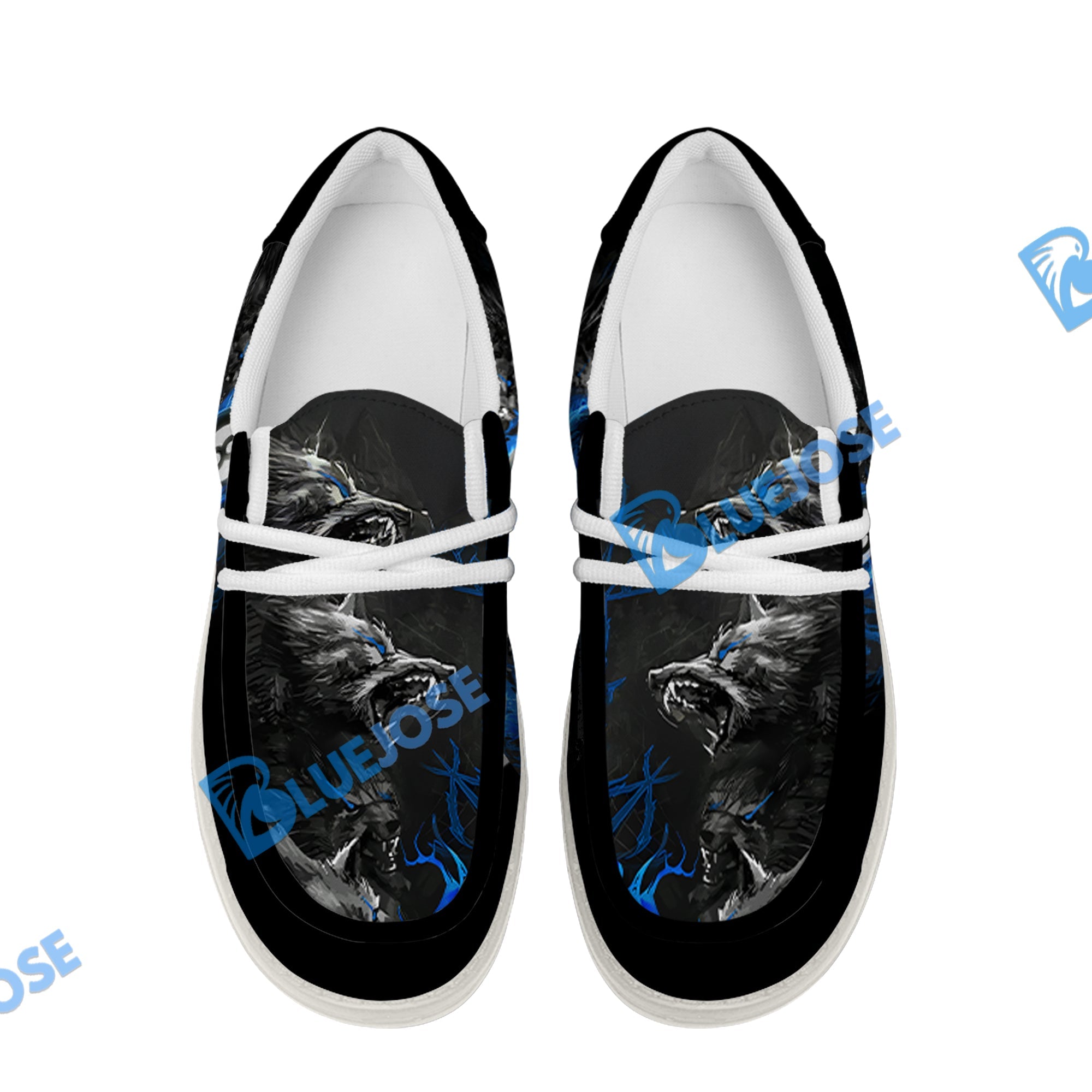 BlueJose Billiards Flame Wolf White Canvas Loafer Shoes (4 Colors)