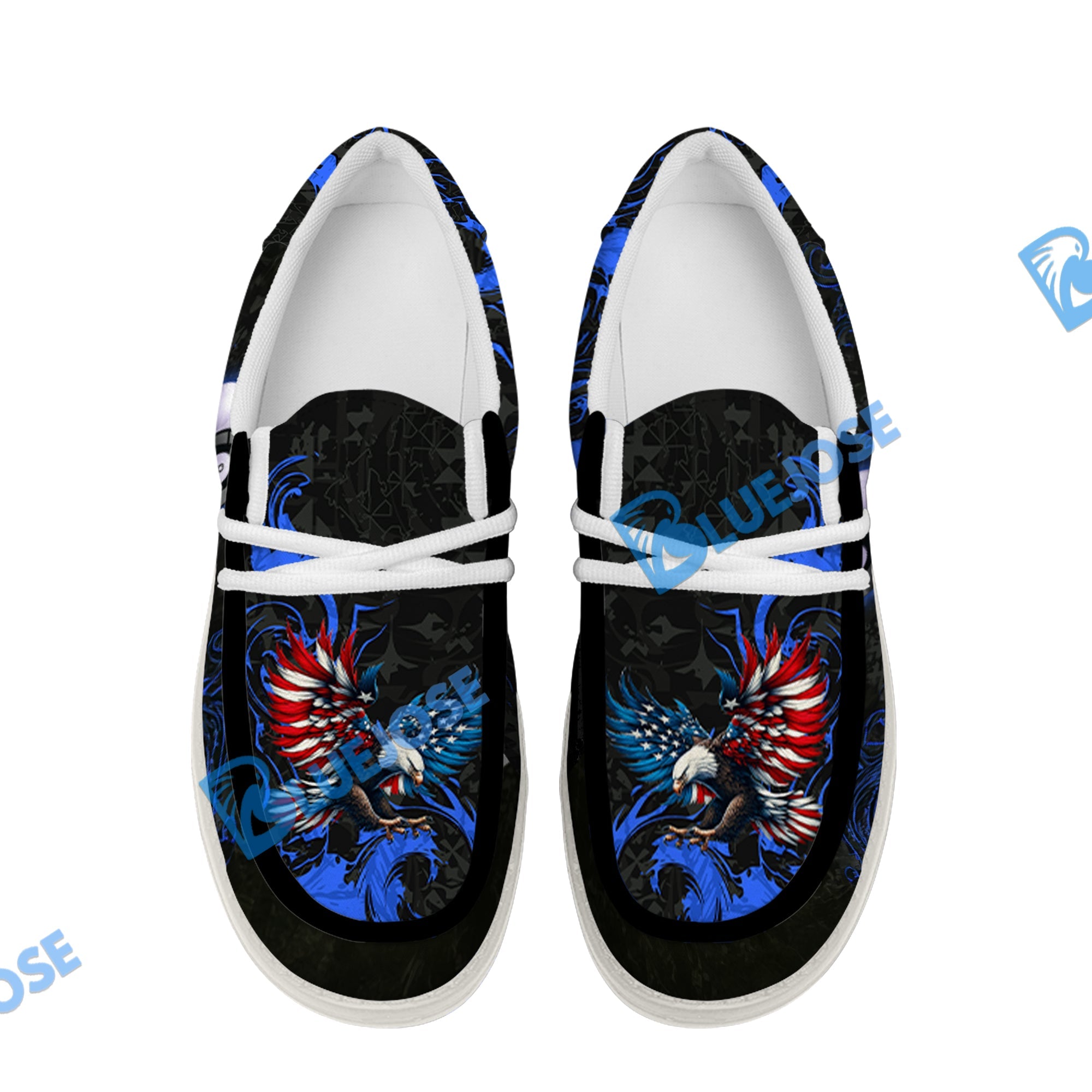 BlueJose Billiards 8 Ball Almighty American Eagle White Canvas Loafer Shoes (4 Colors)