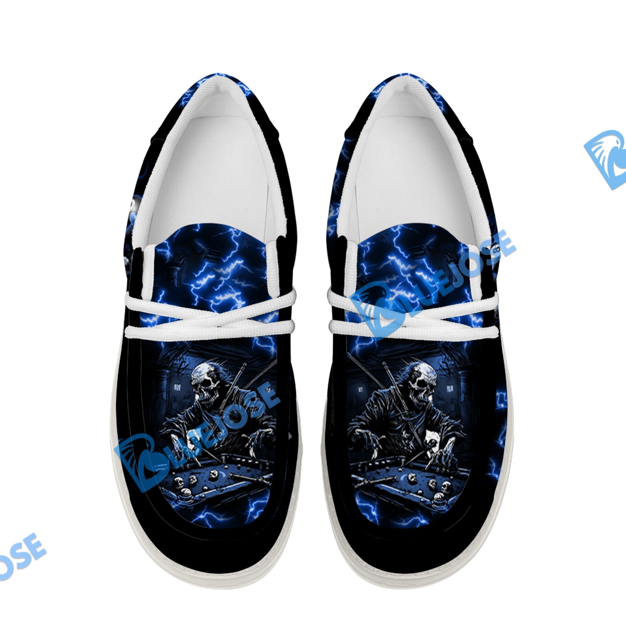 BlueJose Billiards Skull Fire White Canvas Loafer Shoes (4 Colors)