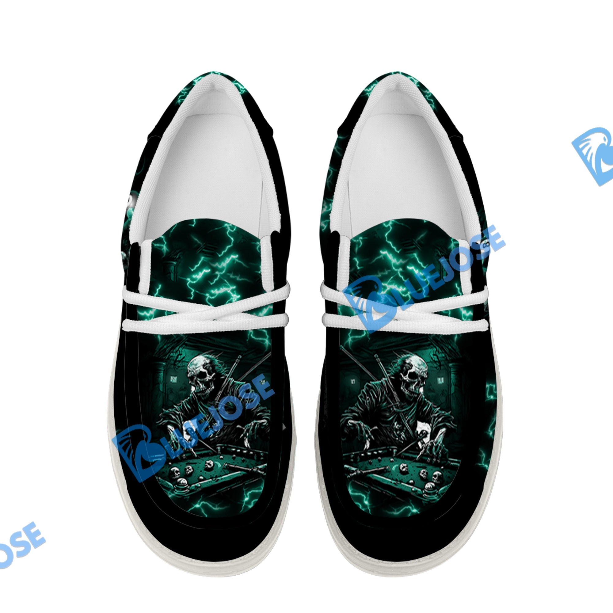 BlueJose Billiards Skull Fire White Canvas Loafer Shoes (4 Colors)