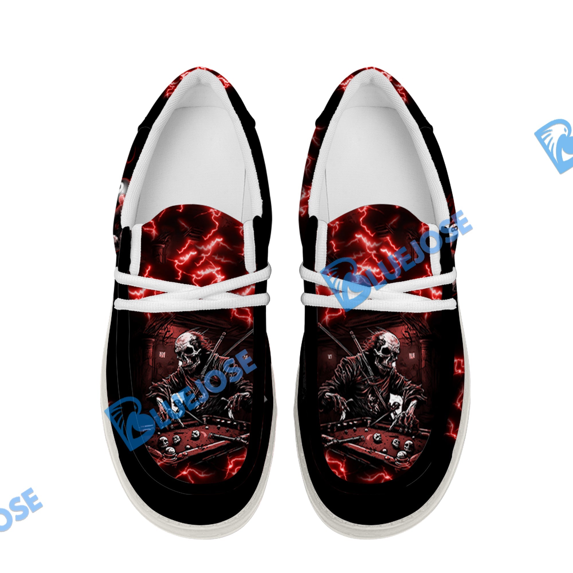 BlueJose Billiards Skull Fire White Canvas Loafer Shoes (4 Colors)