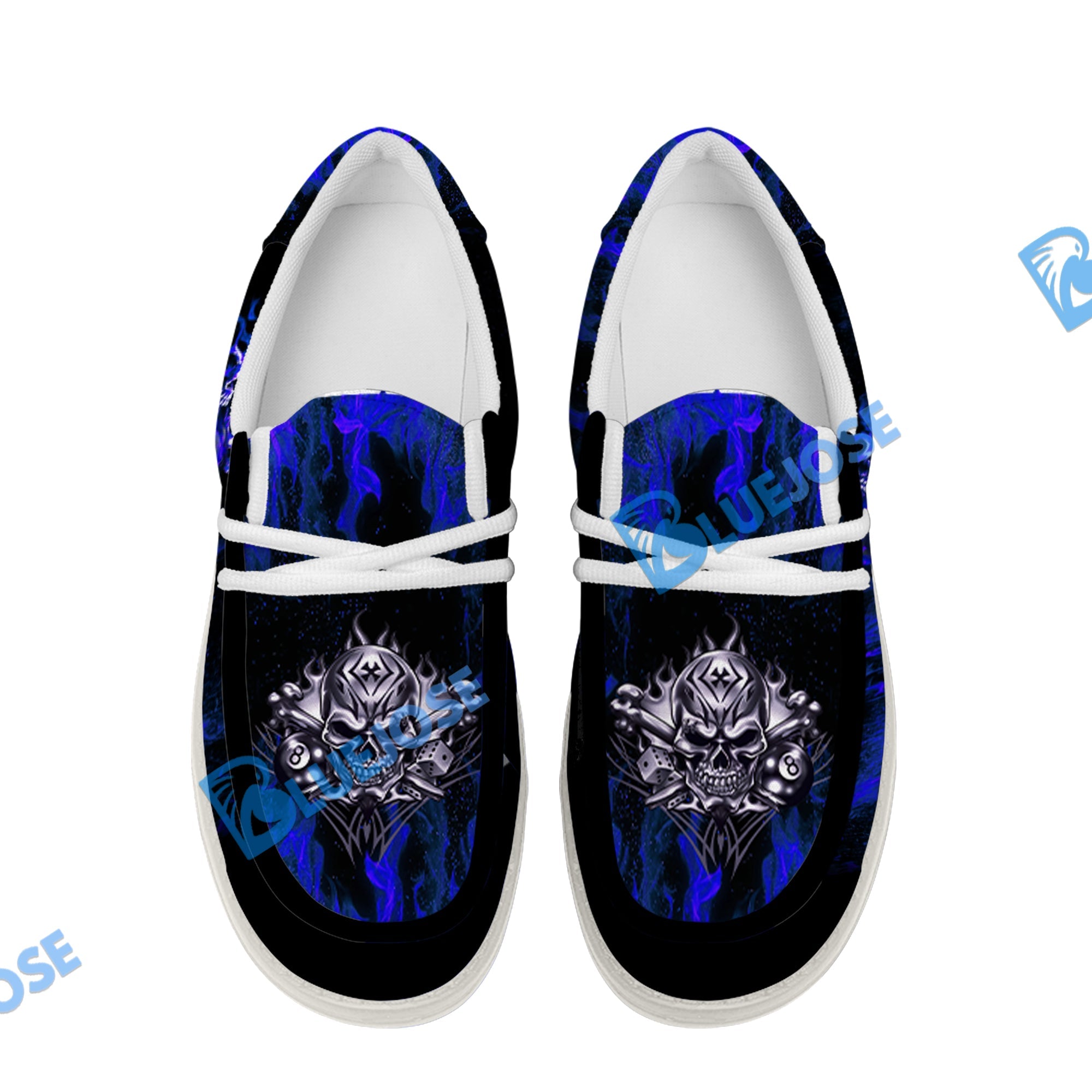 BlueJose Billiards 8 Ball Fusion Skulls White Canvas Loafer Shoes (4 Colors)