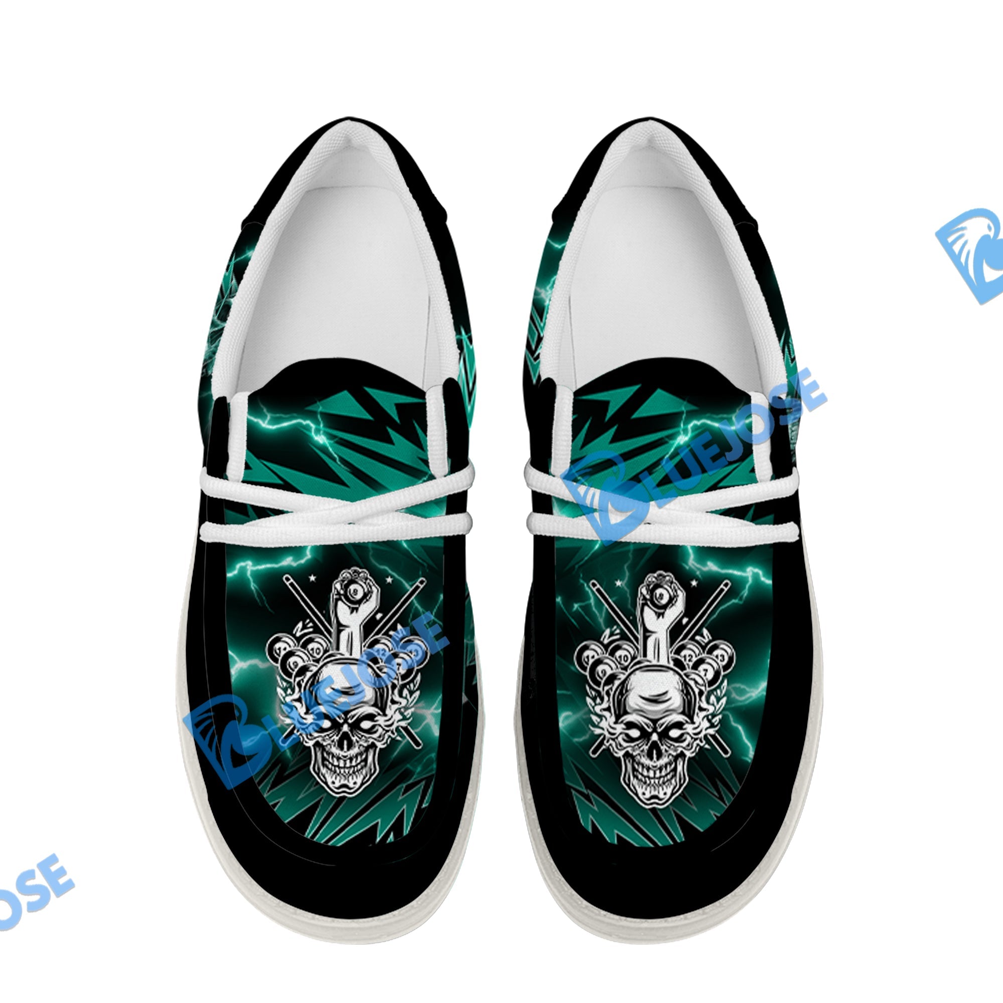 BlueJose Billiards Ball 8 Deadly Thunder Skull White Canvas Loafer Shoes (3 Colors)