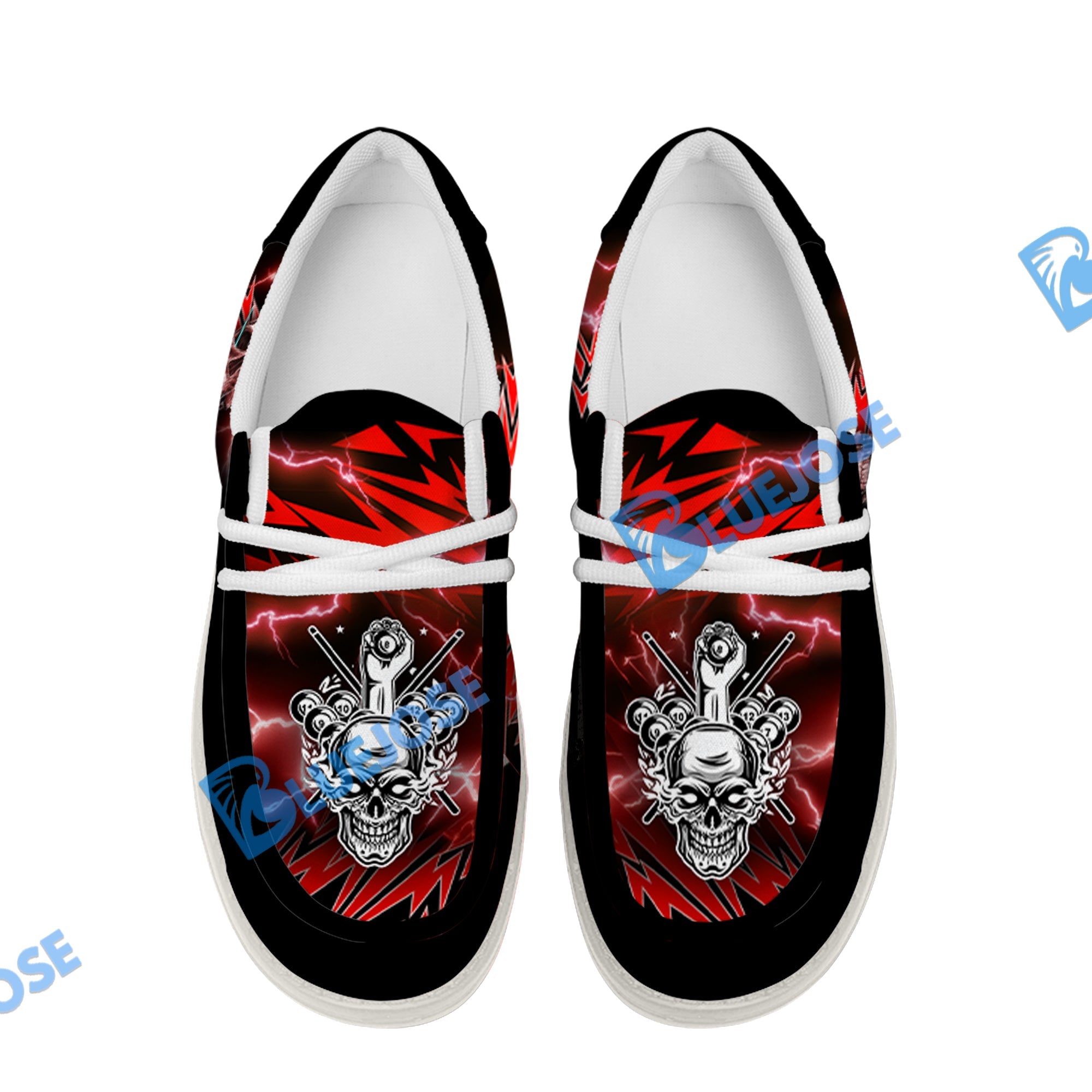 BlueJose Billiards Ball 8 Deadly Thunder Skull 2 White Canvas Loafer Shoes (3 Colors)