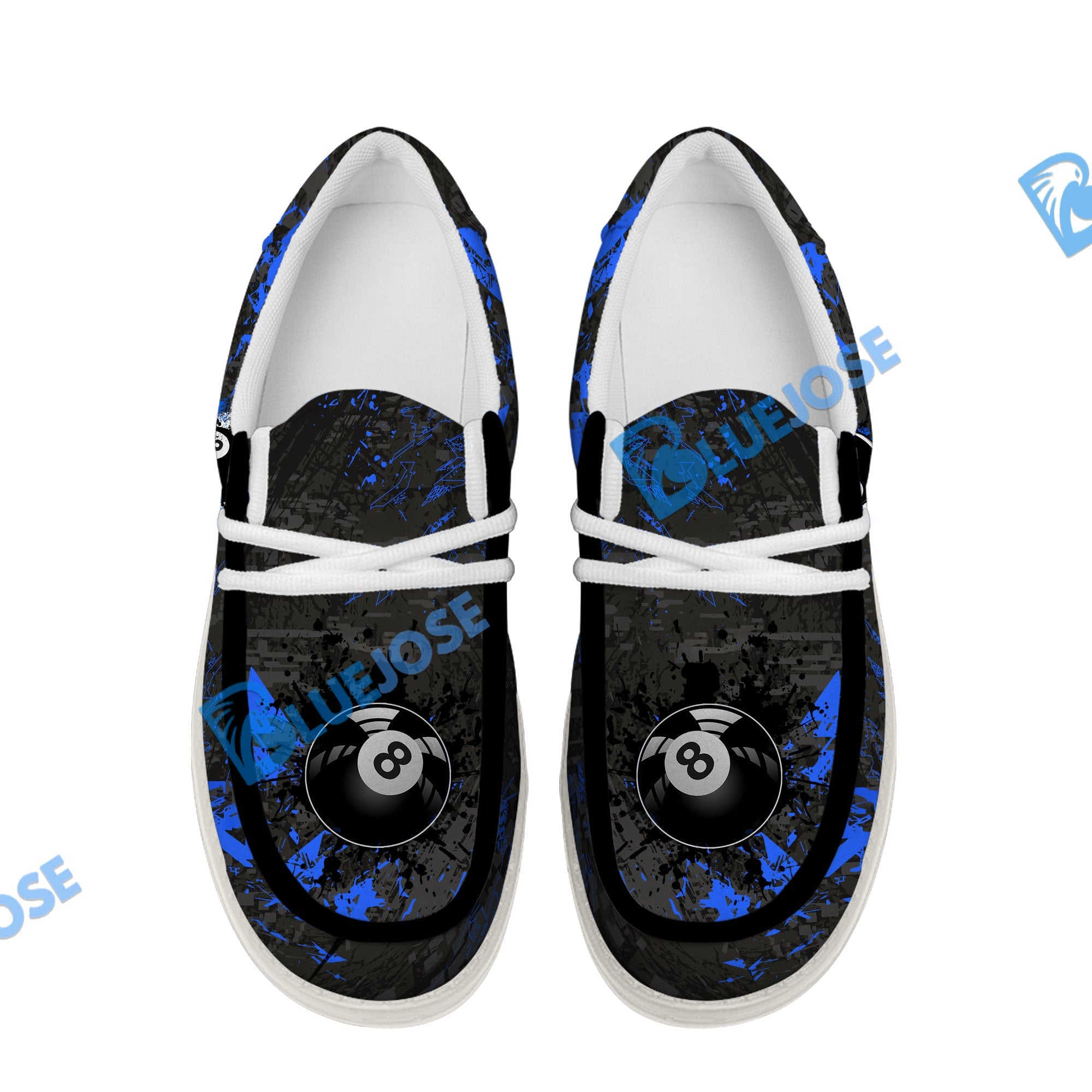BlueJose Billiards 8 Ball Black Stains Grunge Blue White Canvas Loafer Shoes