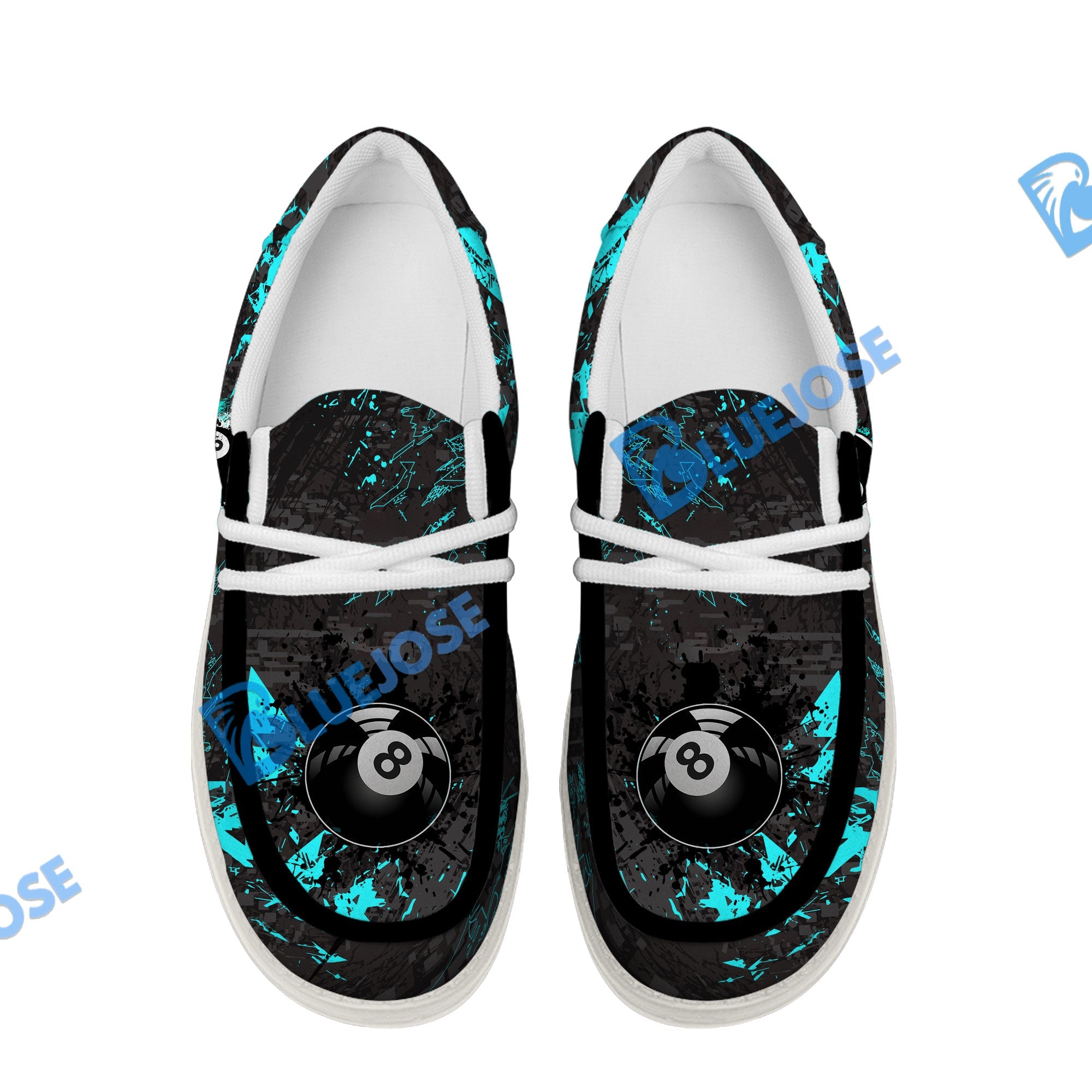 BlueJose Billiards 8 Ball Black Stains Grunge Cyan White Canvas Loafer Shoes