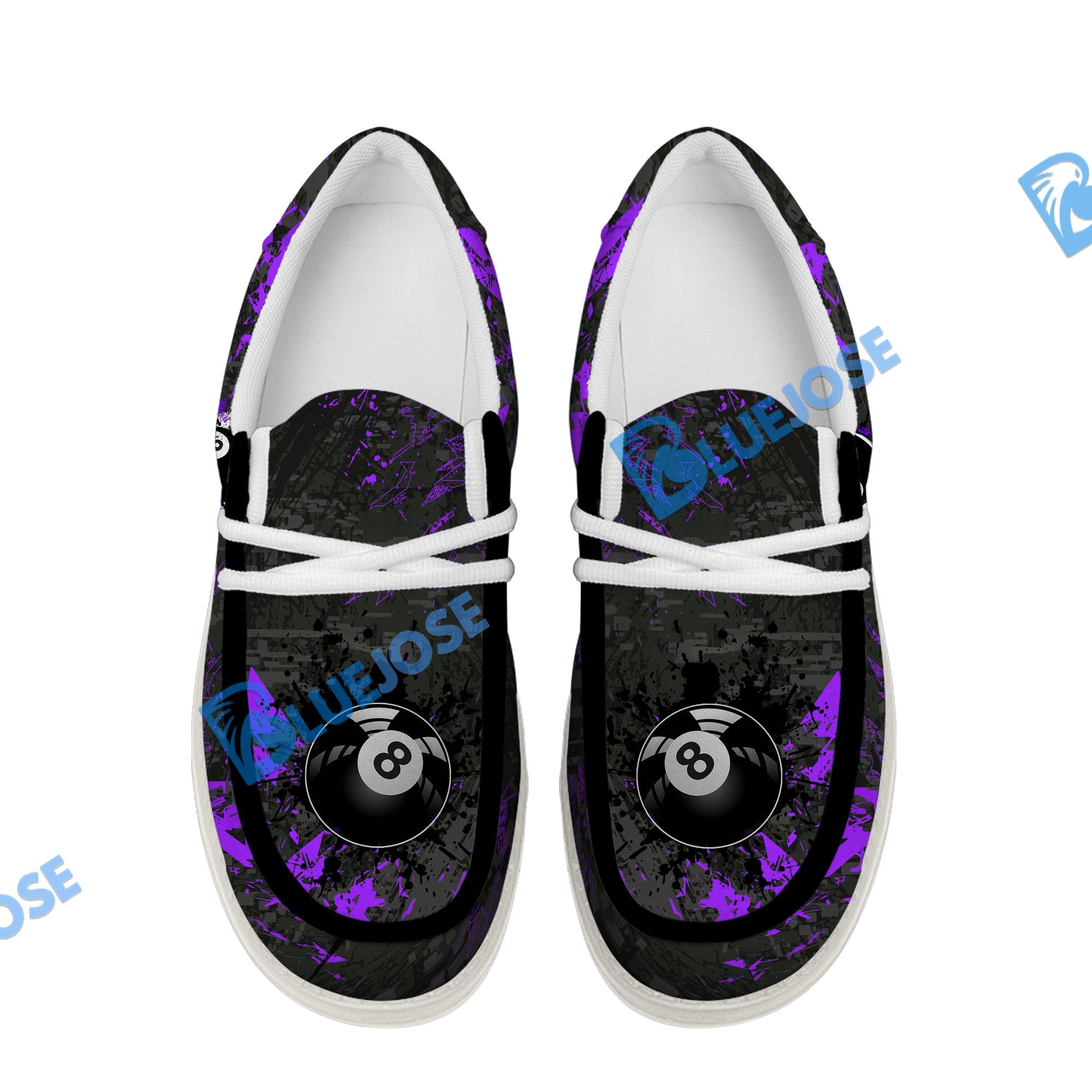 BlueJose Billiards 8 Ball Black Stains Grunge Purple White Canvas Loafer Shoes