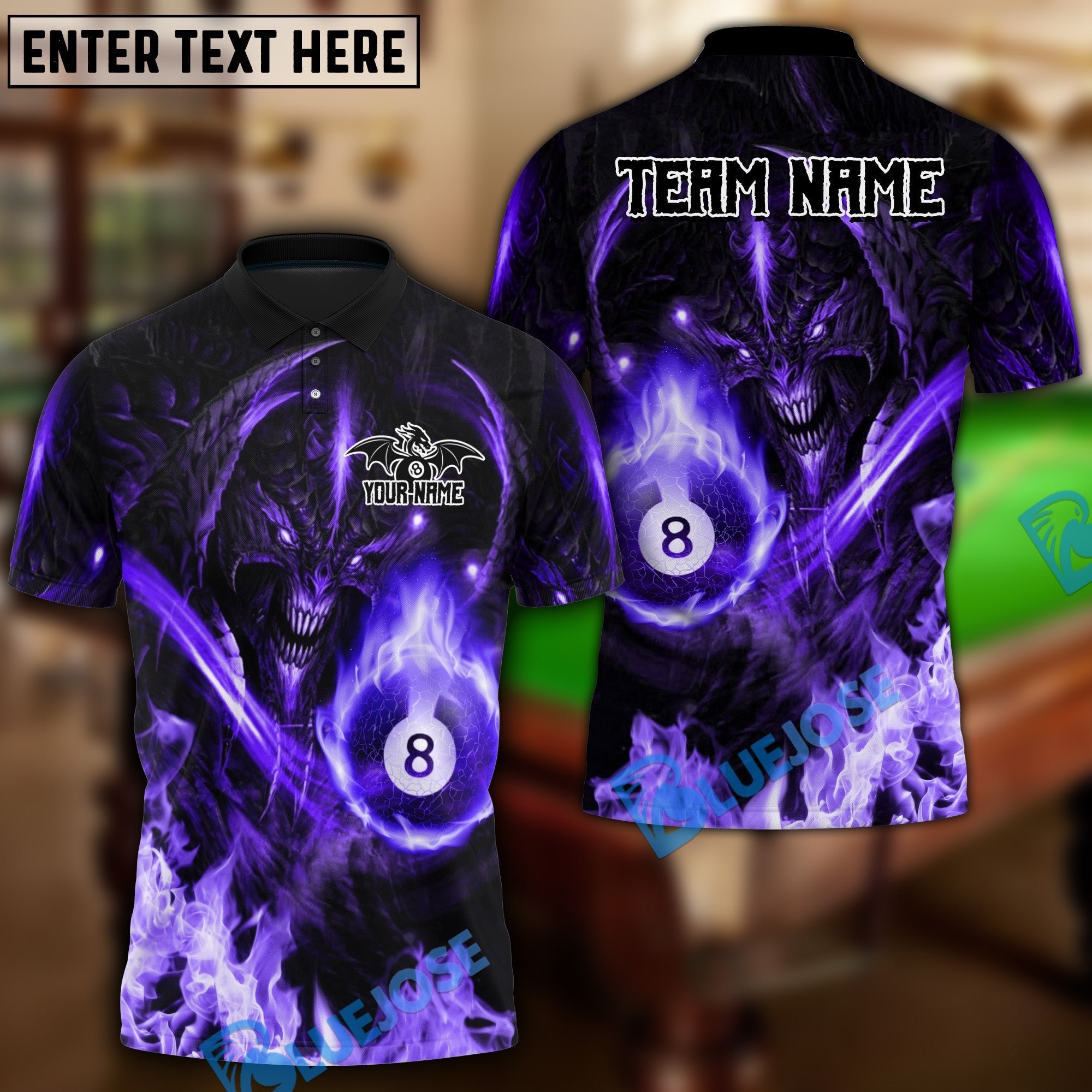 BlueJose Billiards Ball 8 Pool Hell Fire Dragon Personalized Name & Team Name Shirt (4 Colors)