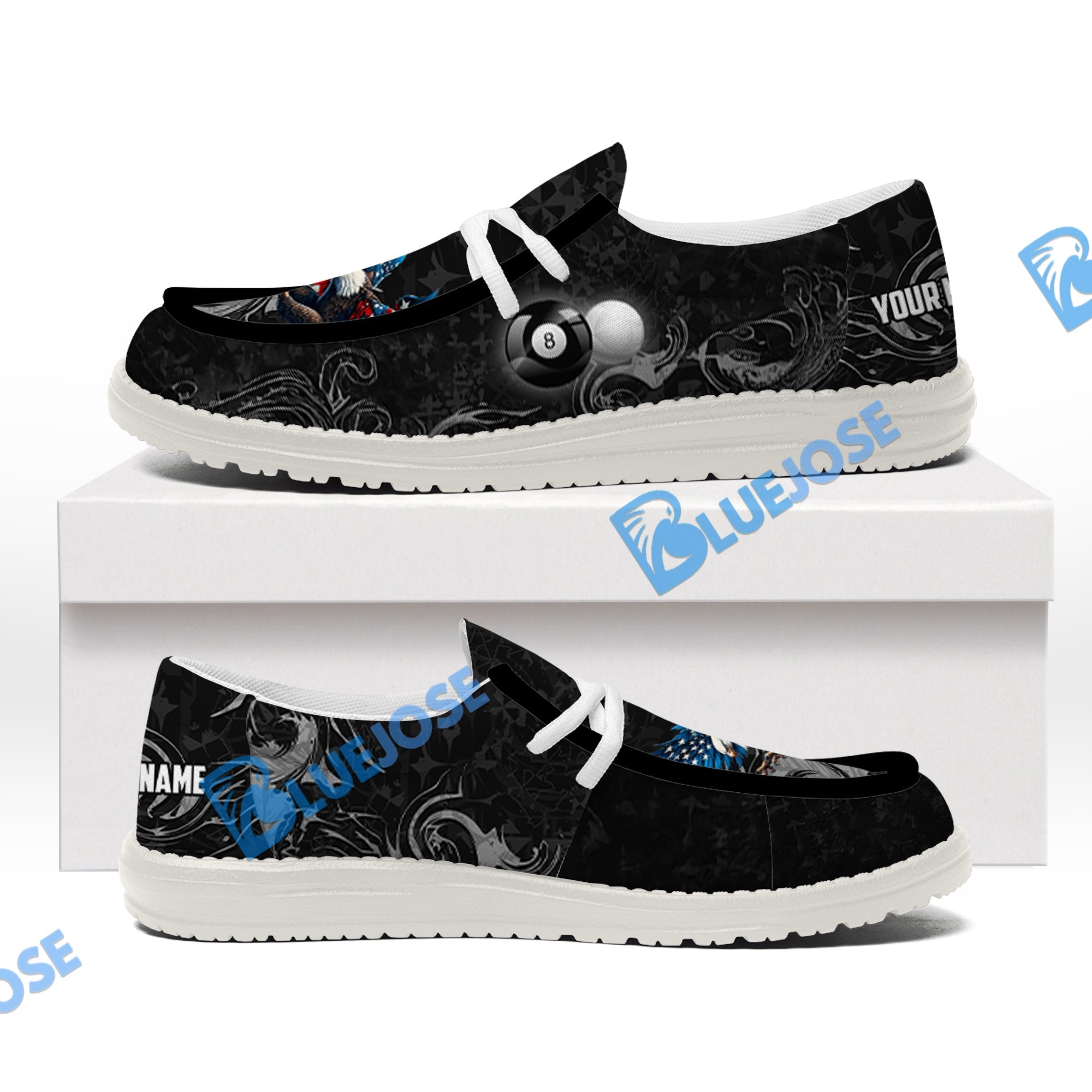 BlueJose Billiards 8 Ball Almighty American Eagle White Canvas Loafer Shoes (4 Colors)