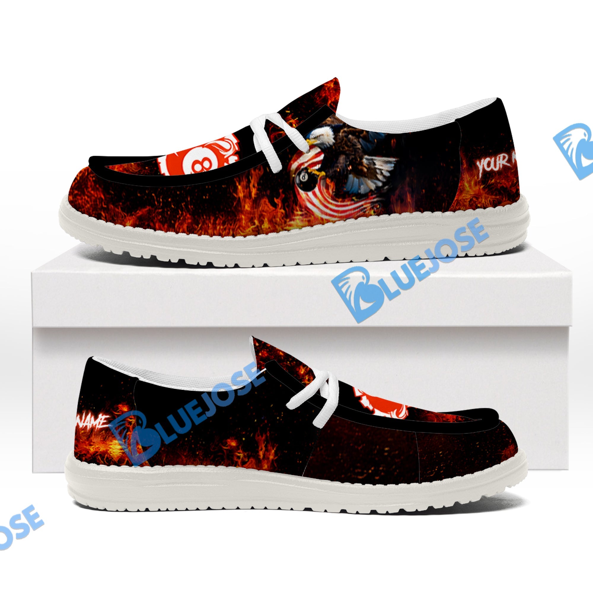 BlueJose Billiard 8 Ball Eagle Fire Flame White Canvas Loafer Shoes ( 4 Colors )