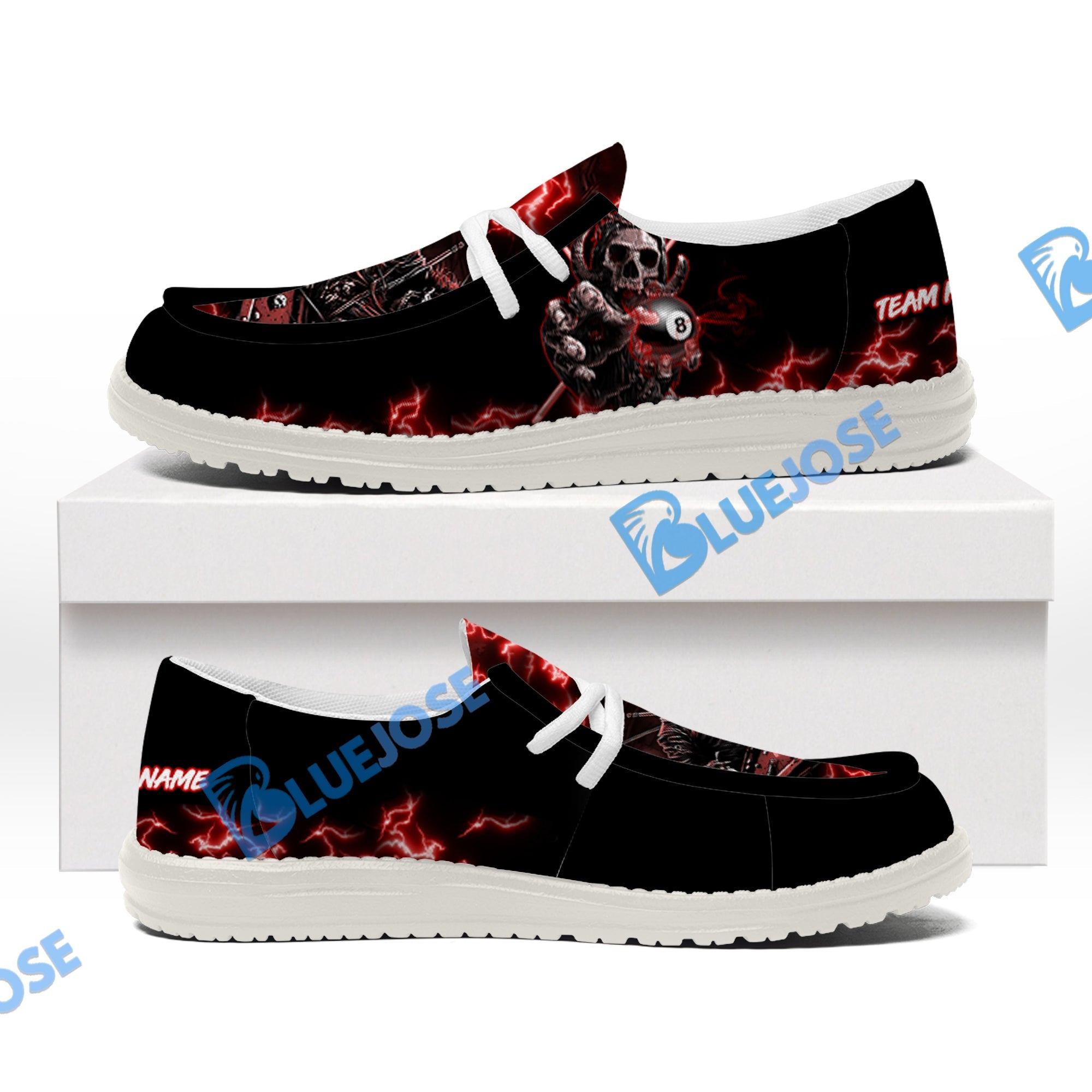 BlueJose Billiards Skull Fire White Canvas Loafer Shoes (4 Colors)