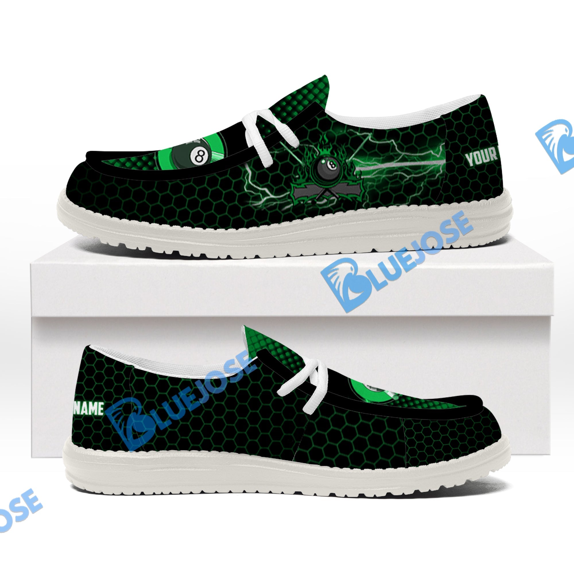 BlueJose Billiards Green Fire White Canvas Loafer Shoes