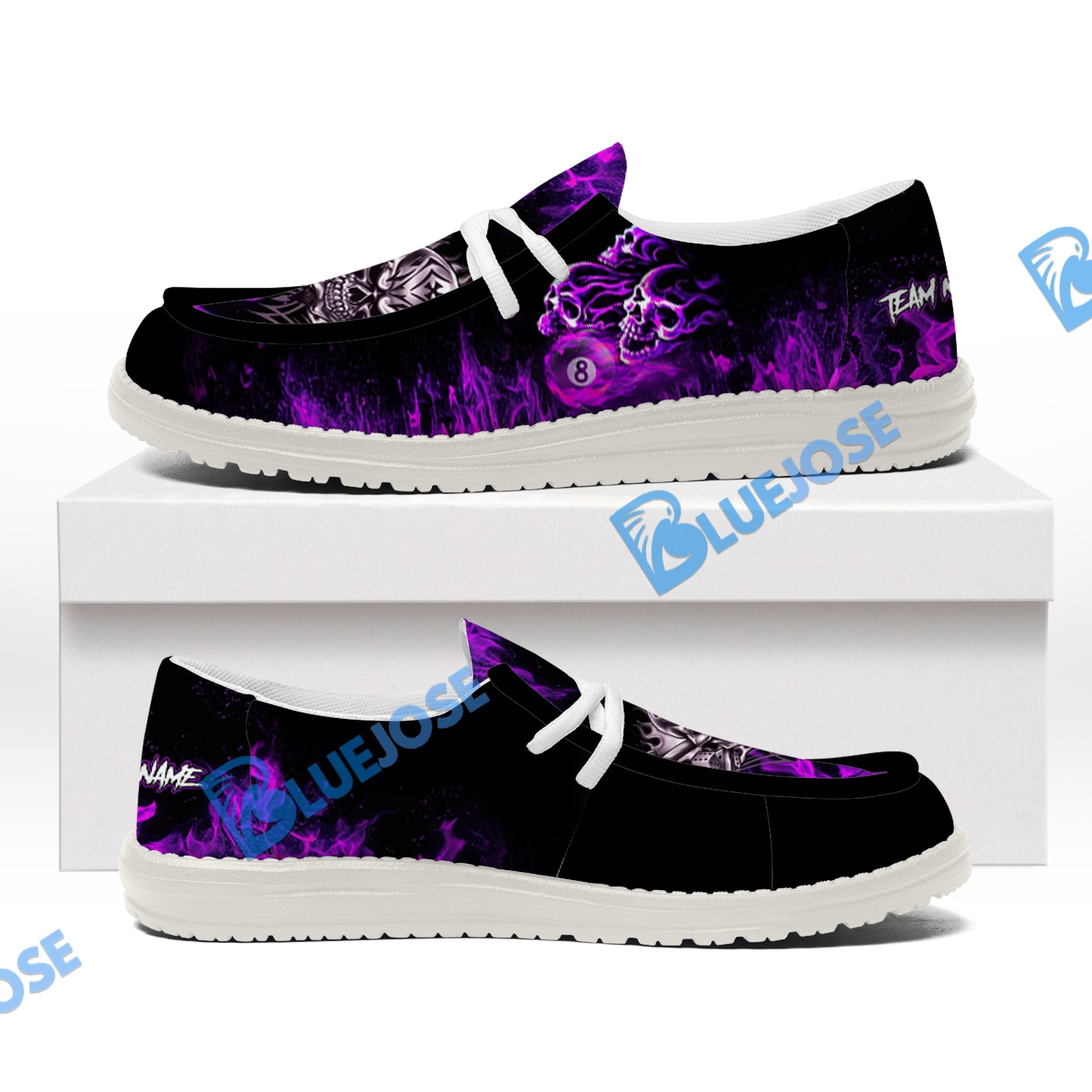BlueJose Billiards 8 Ball Fusion Skulls White Canvas Loafer Shoes (4 Colors)
