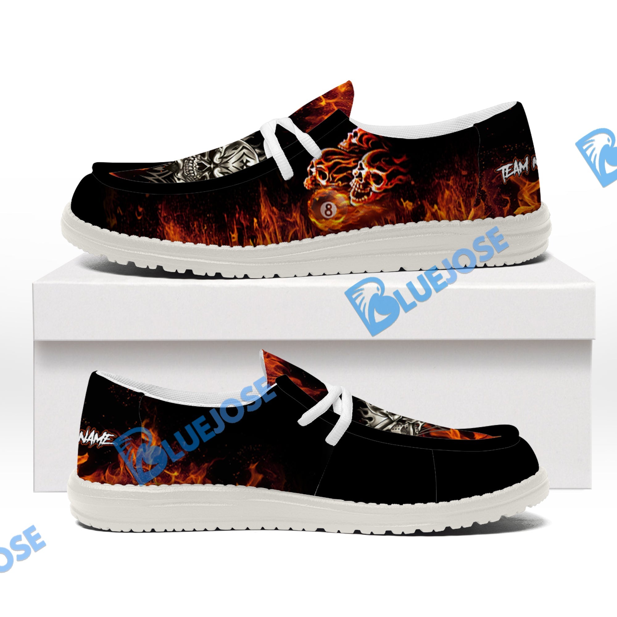 BlueJose Billiards 8 Ball Fusion Skulls White Canvas Loafer Shoes (4 Colors)