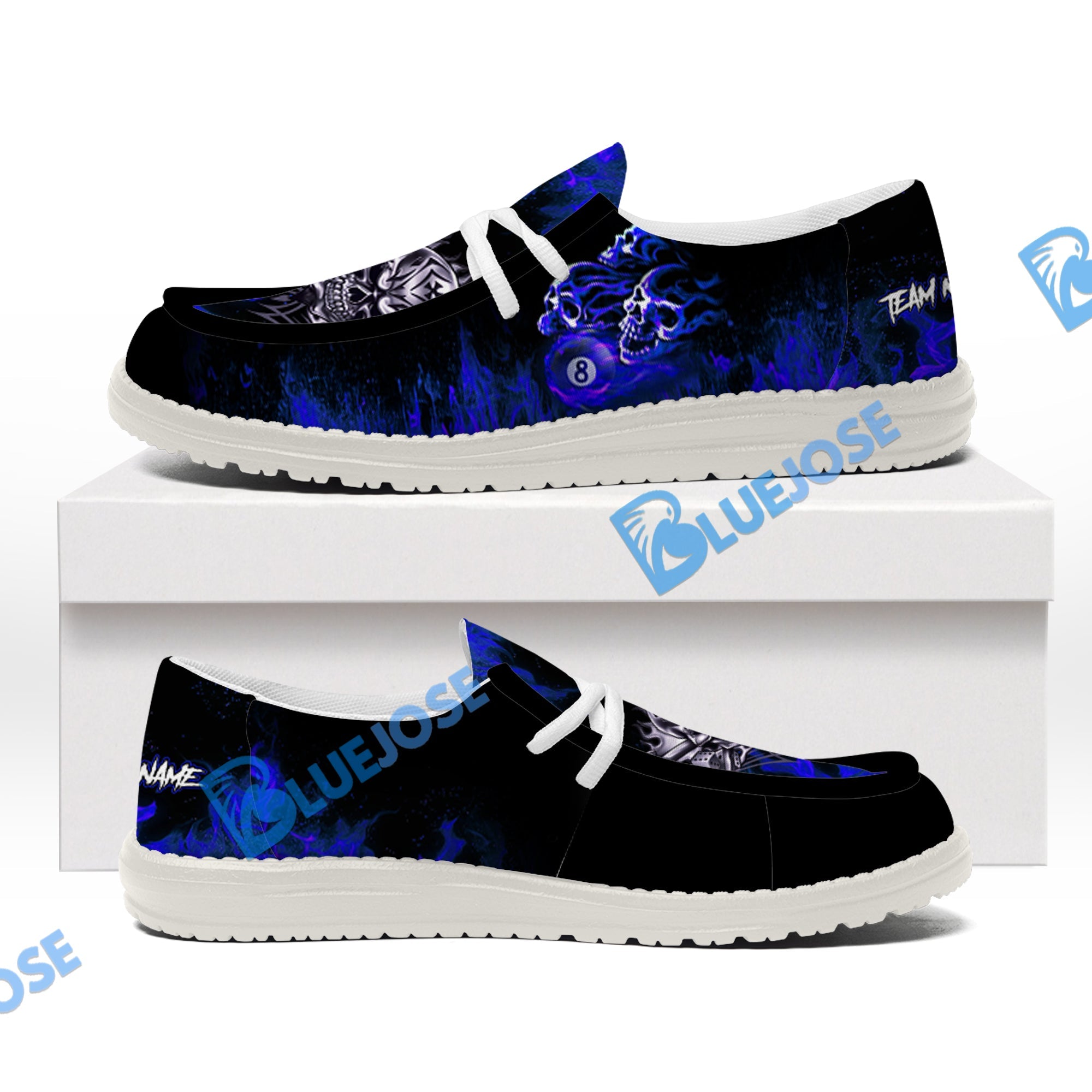 BlueJose Billiards 8 Ball Fusion Skulls White Canvas Loafer Shoes (4 Colors)