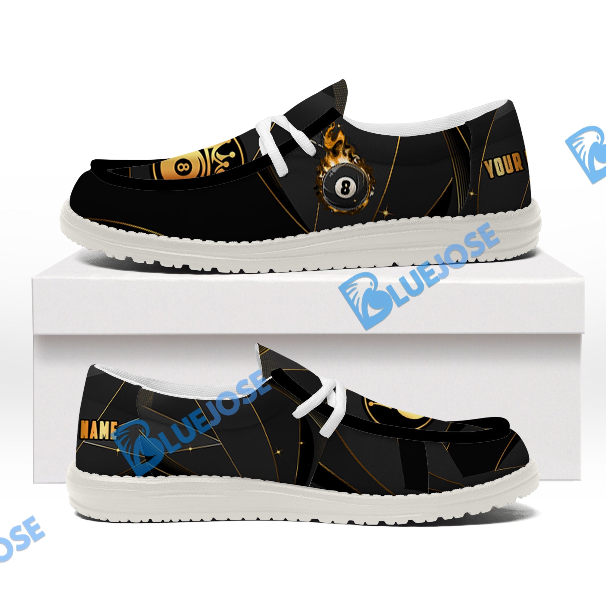 BlueJose Billiards 8 Ball Flame Luxury White Canvas Loafer Shoes (4 Colors)