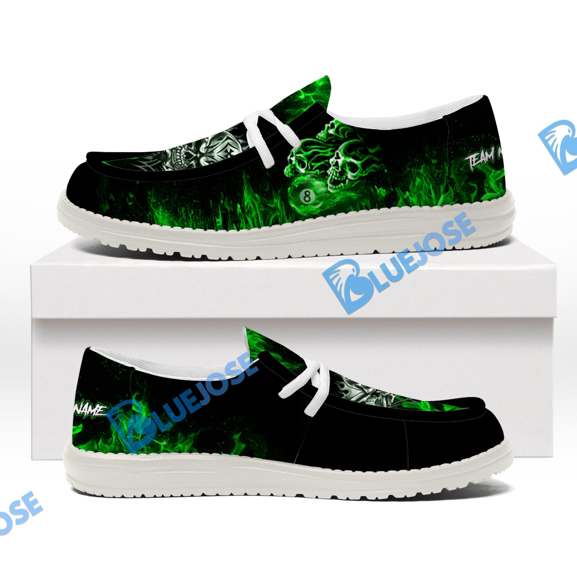 BlueJose Billiards 8 Ball Fusion Skulls White Canvas Loafer Shoes (4 Colors)