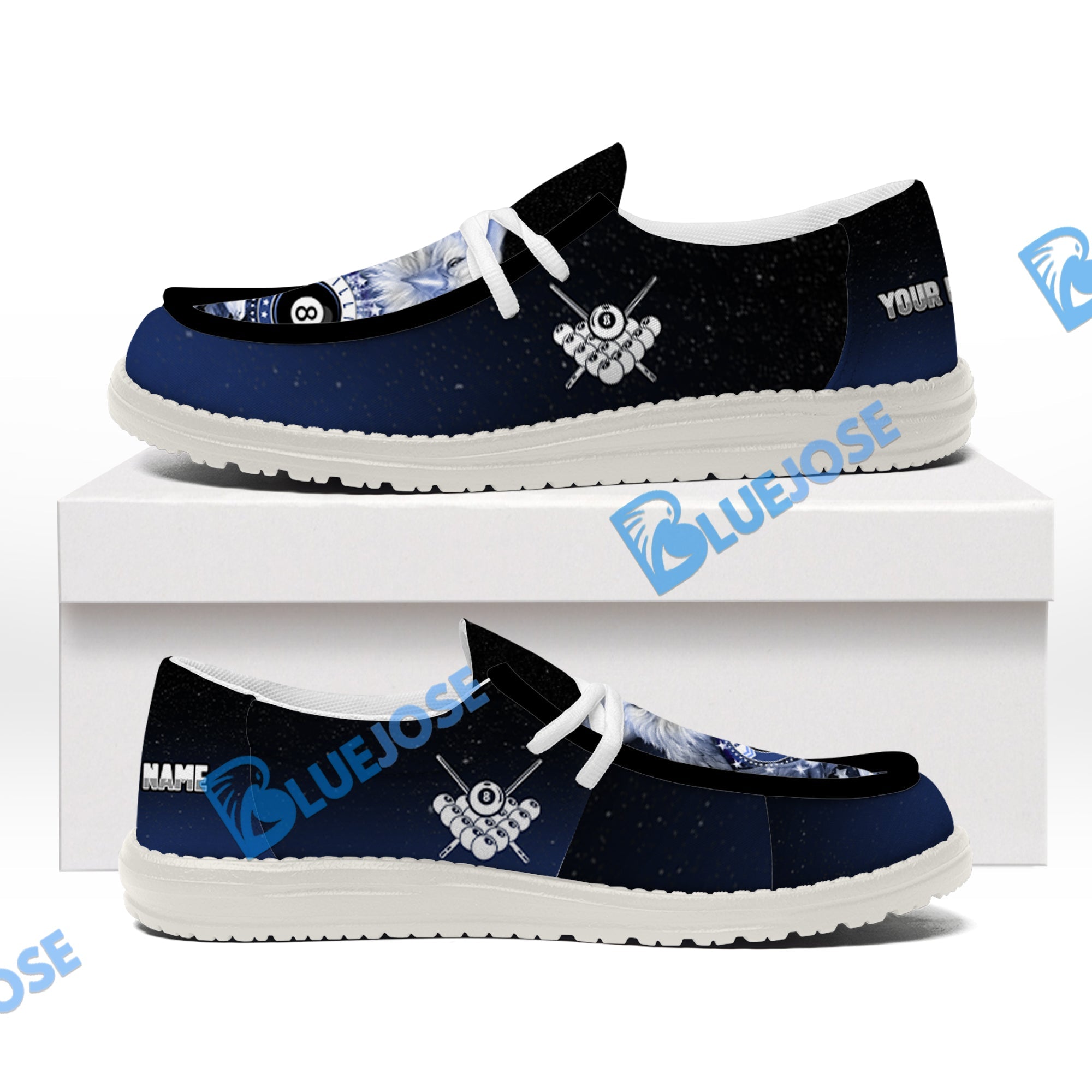 BlueJose Billiards Ball 8 Cross Eagle American Flag  White Canvas Loafer Shoes (4 Colors)