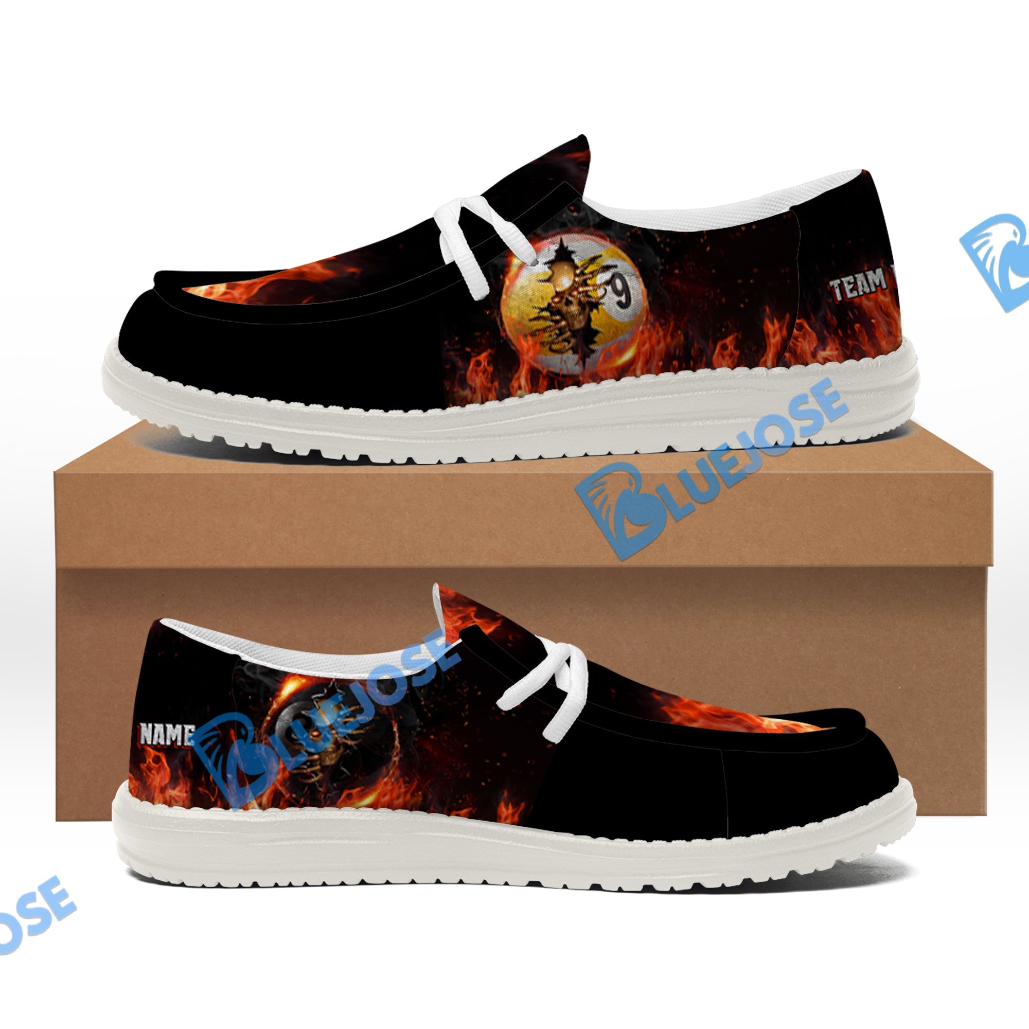 BlueJose Billiards Ball 8 And 9 Fire Skull Crack Red White Canvas Loafer Shoes