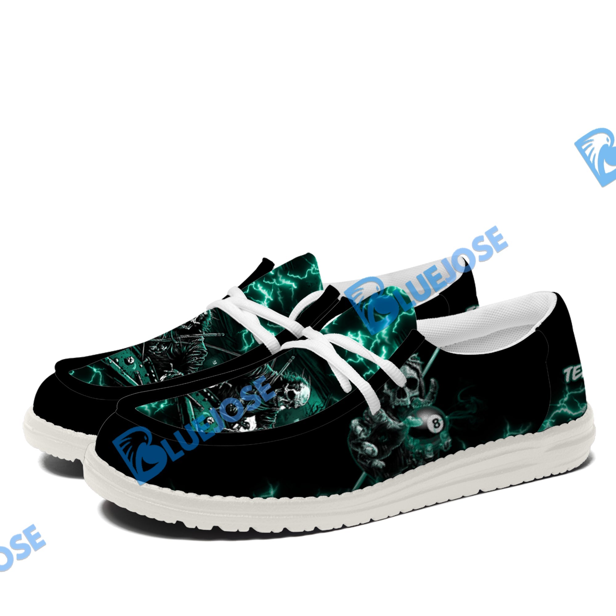 BlueJose Billiards Skull Fire White Canvas Loafer Shoes (4 Colors)