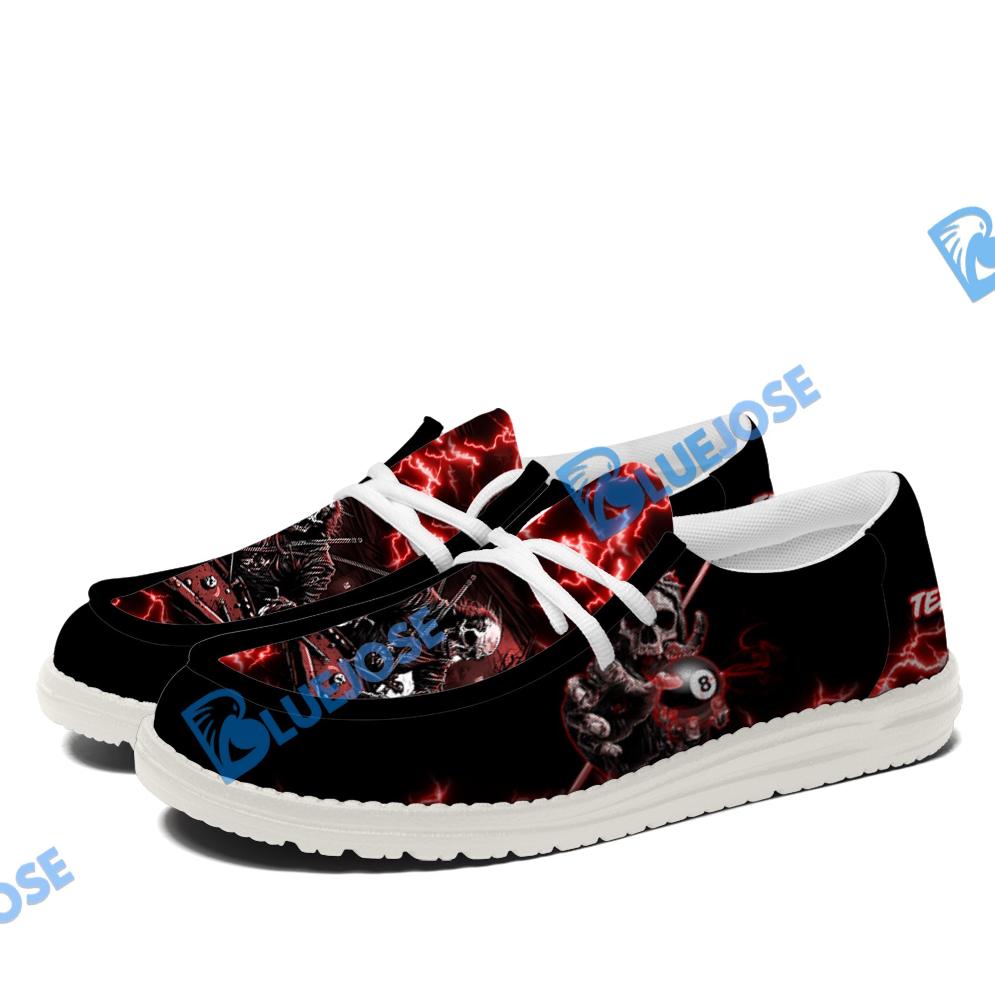 BlueJose Billiards Skull Fire White Canvas Loafer Shoes (4 Colors)