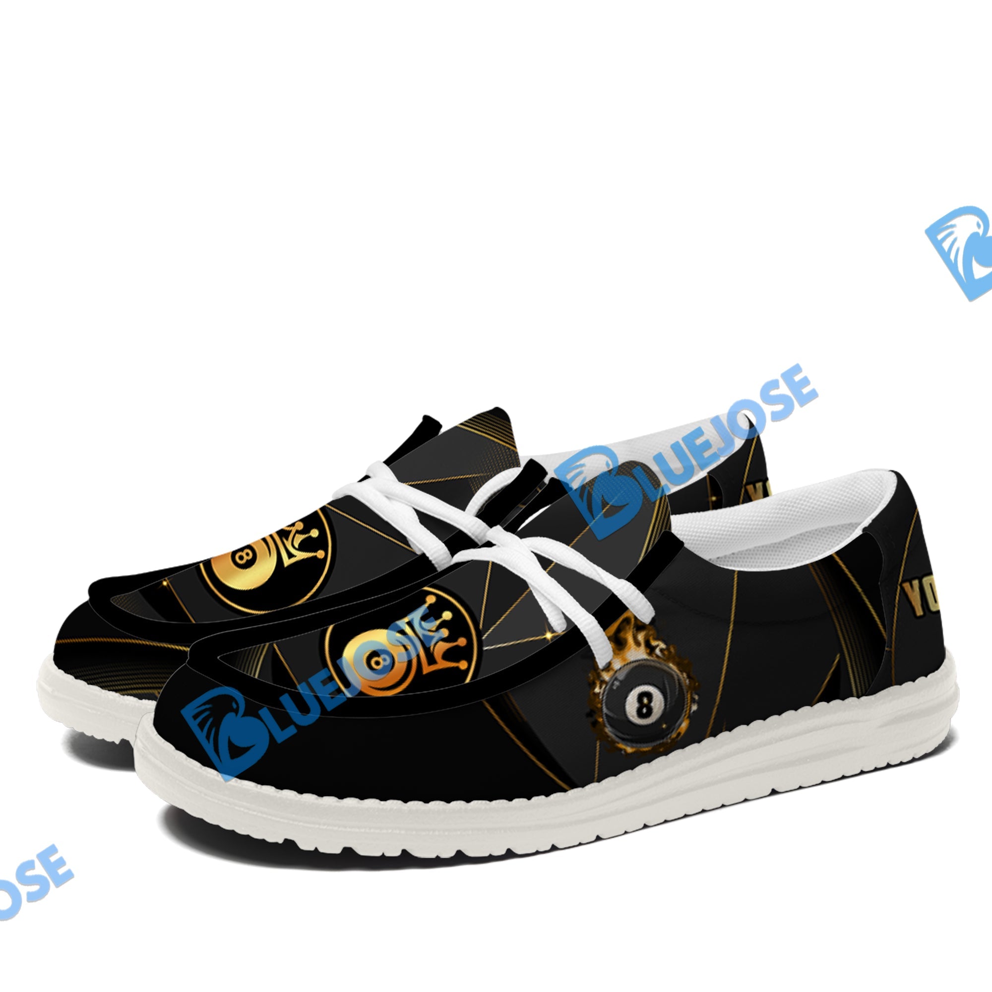 BlueJose Billiards 8 Ball Flame Luxury White Canvas Loafer Shoes (4 Colors)