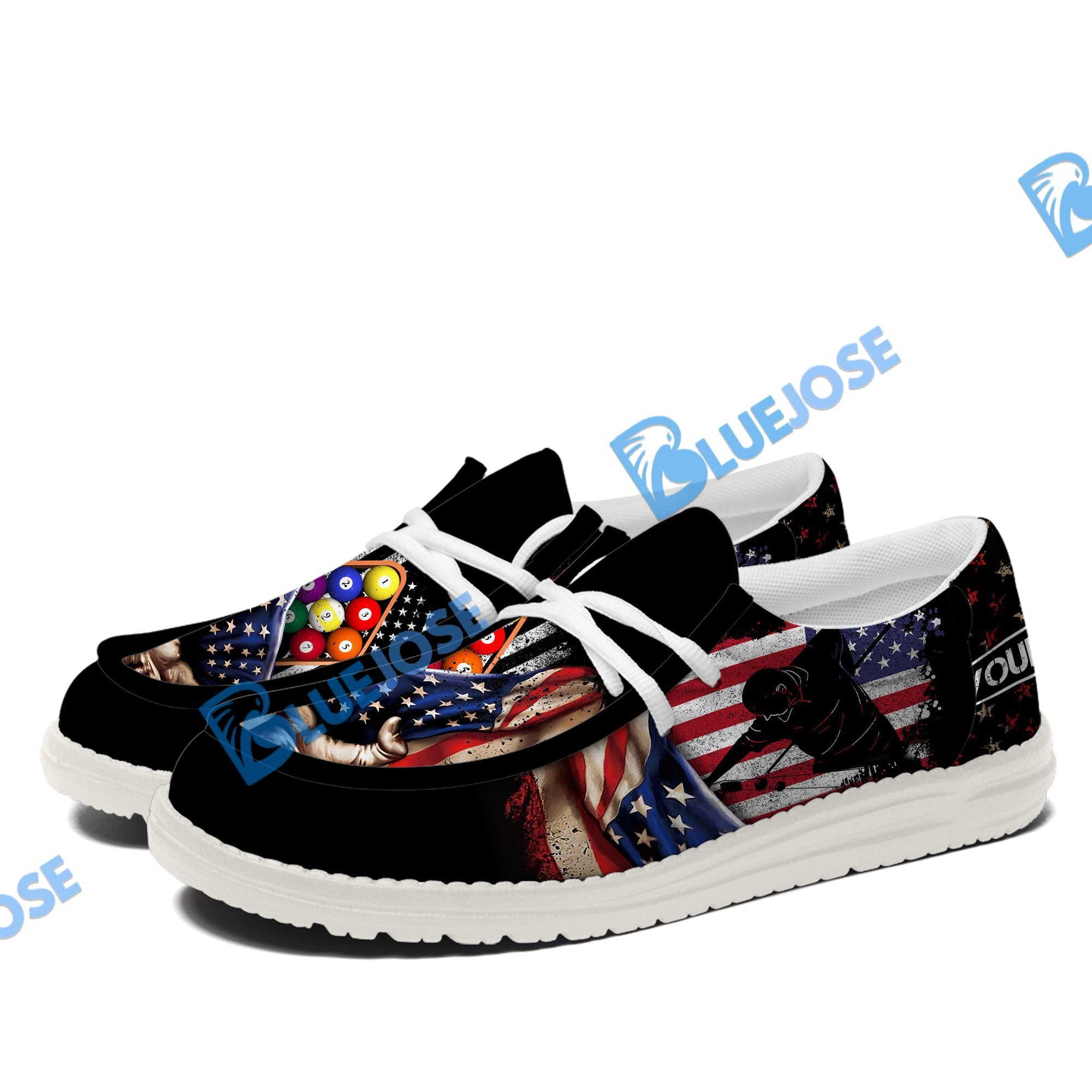 BlueJose Billiards American Flag 9 Ball Player White Canvas Loafer Shoes