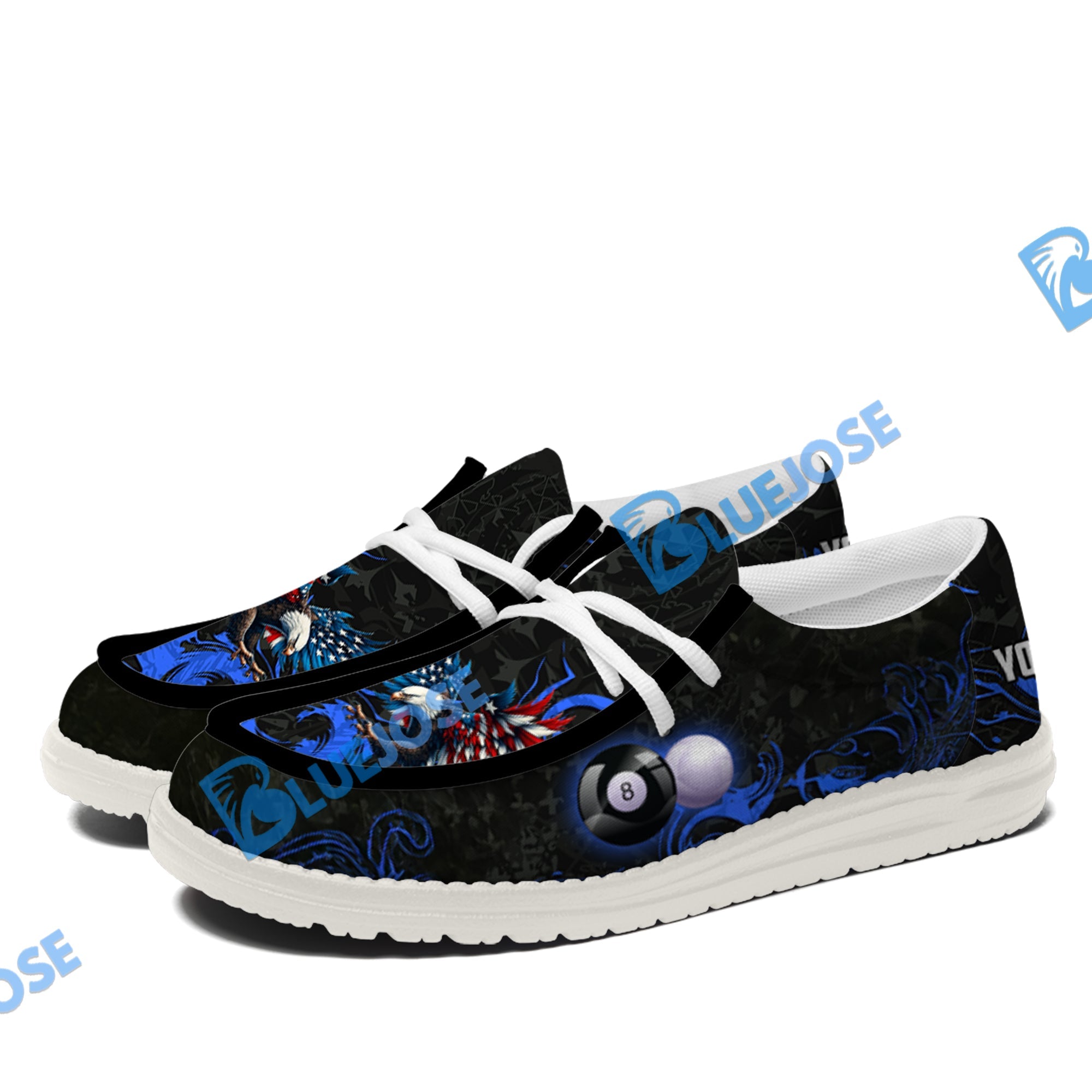 BlueJose Billiards 8 Ball Almighty American Eagle White Canvas Loafer Shoes (4 Colors)