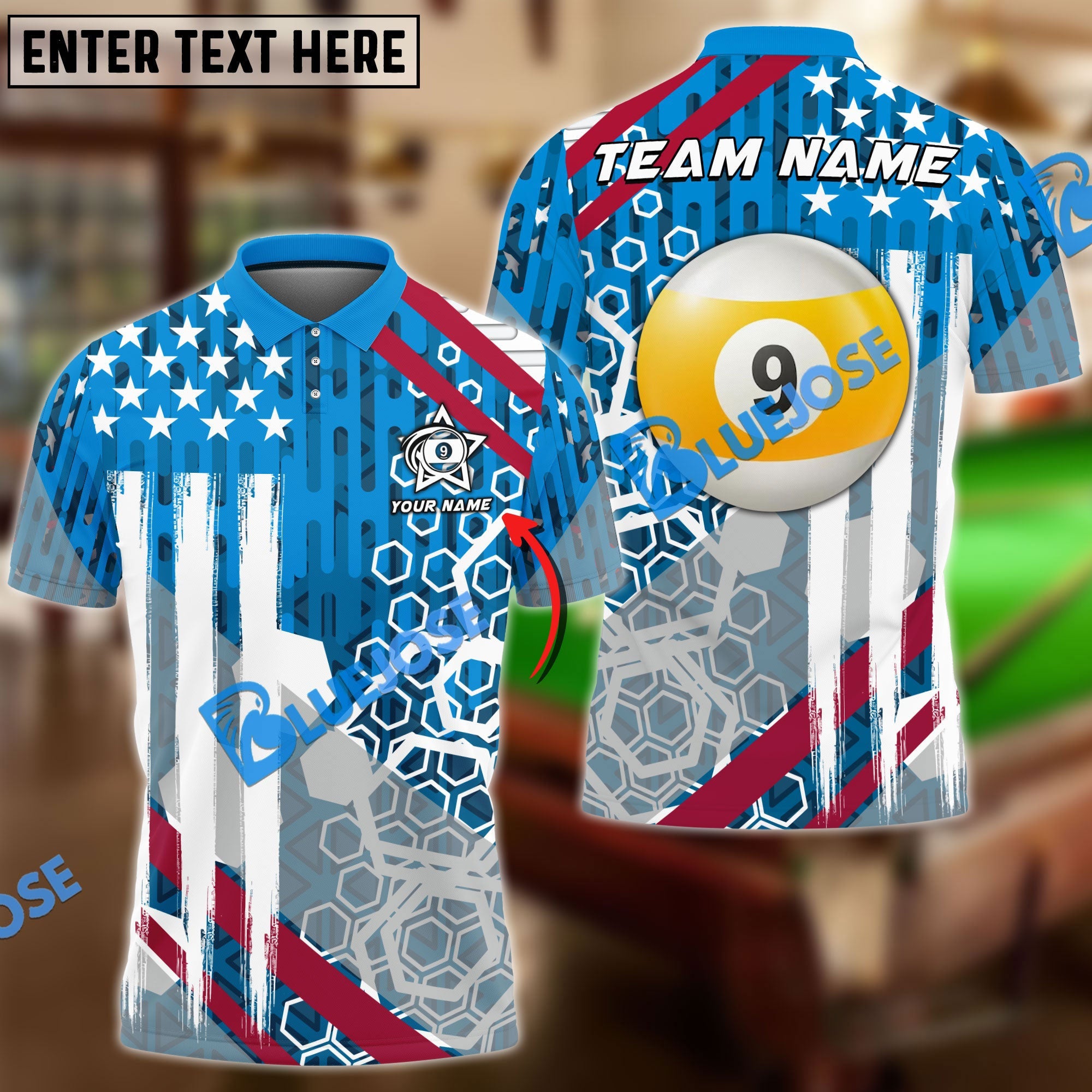 BlueJose Billiards 8 ball & 9 Ball New USA Personalized Name, Team Name Shirt (4 Colors)