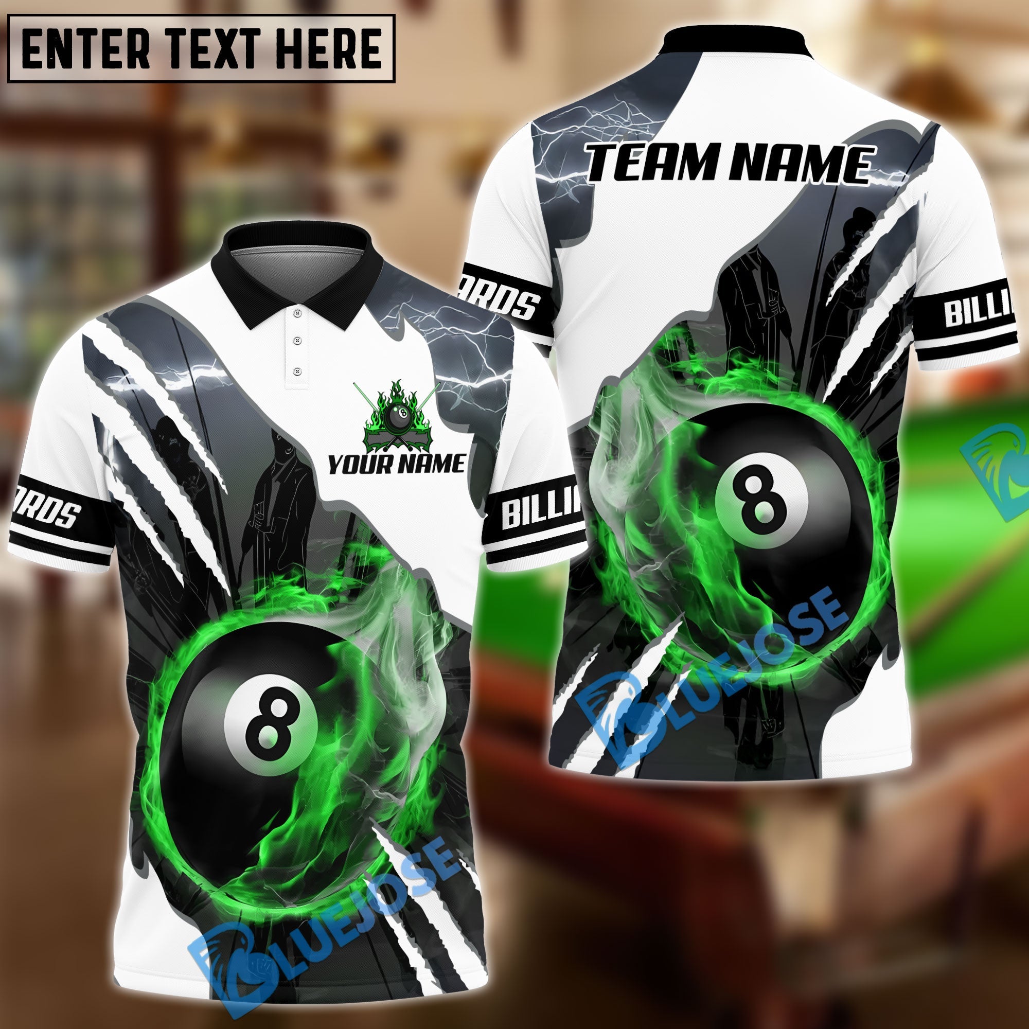 BlueJose Billiards Ball 8 Pool Fire Lightning Scratch Personalized Name & Team Name Shirt (4 Colors)