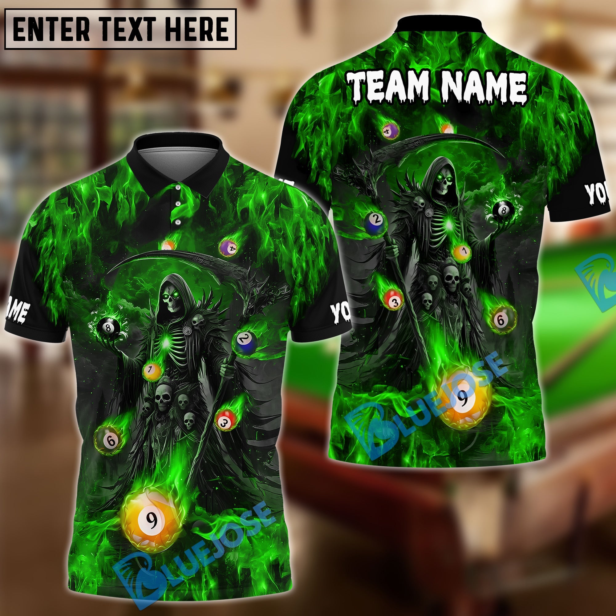 BlueJose Billiards Ball 8 & 9 Grim Reaper Fire Design Personalized Name Shirt (4 Colors)