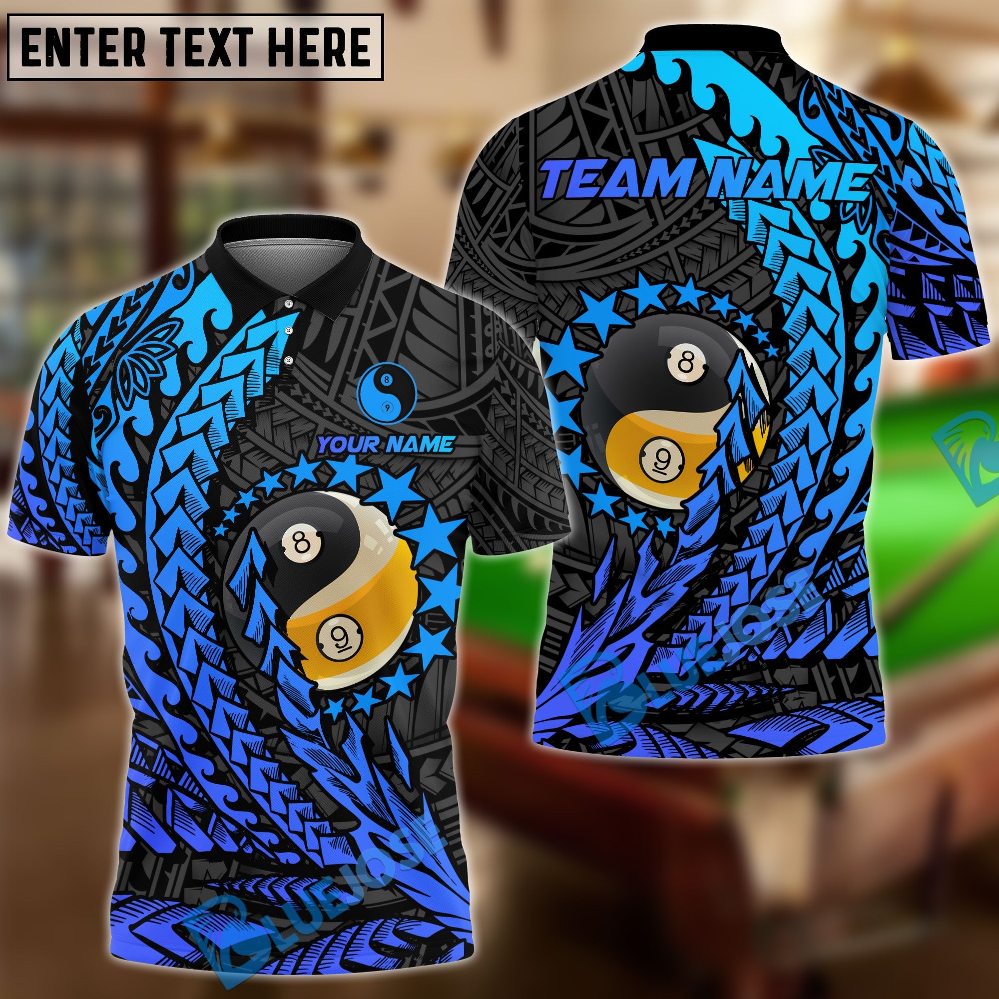 BlueJose Billiards Ball 8 & 9 Yinyang Maori Stars Personalized Name, Team Name Unisex Shirt (4 Colors)