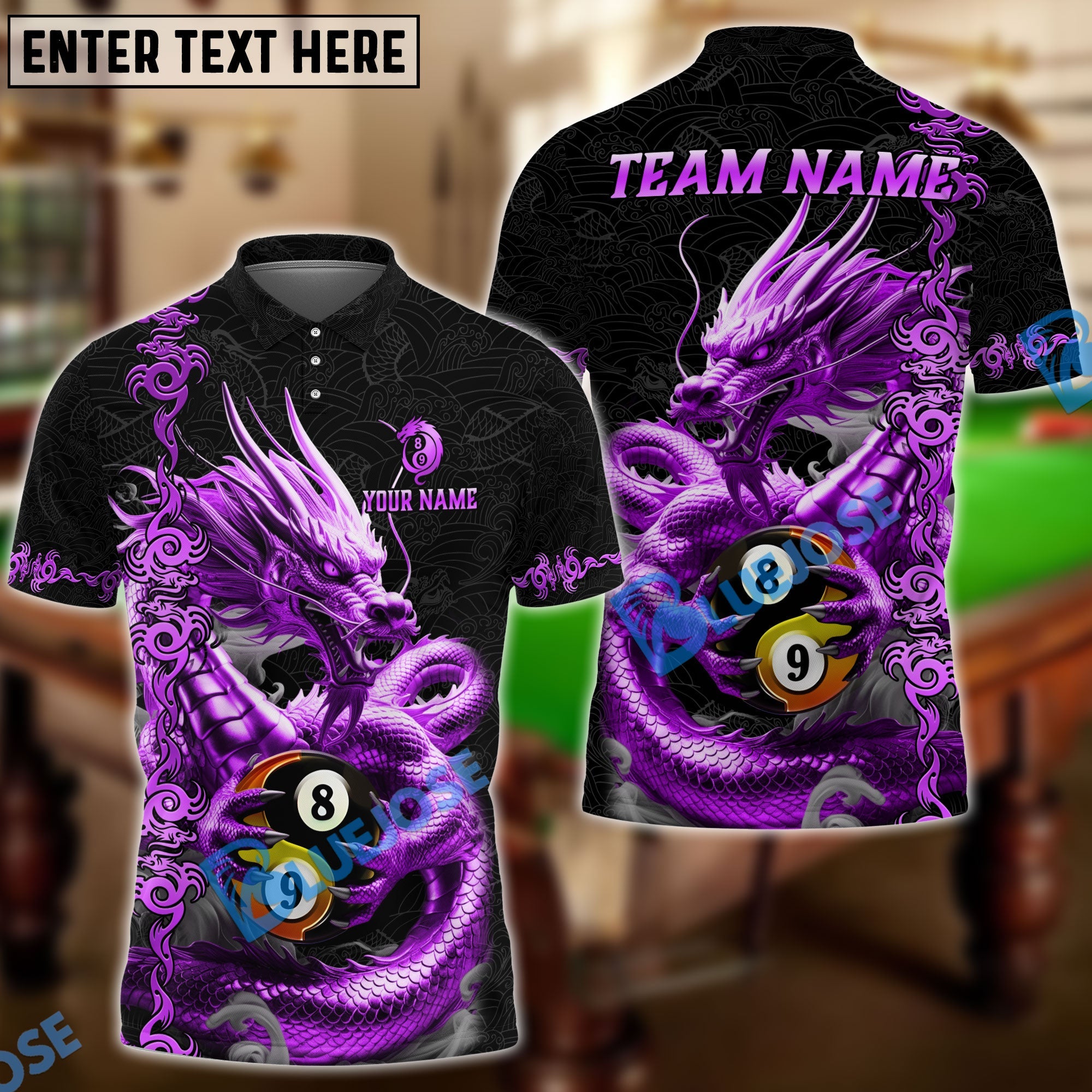 BlueJose Billiards 8 Ball 9 Ball Golden Dragon Yin And Yang Personalized Name Shirt (4 Colors)