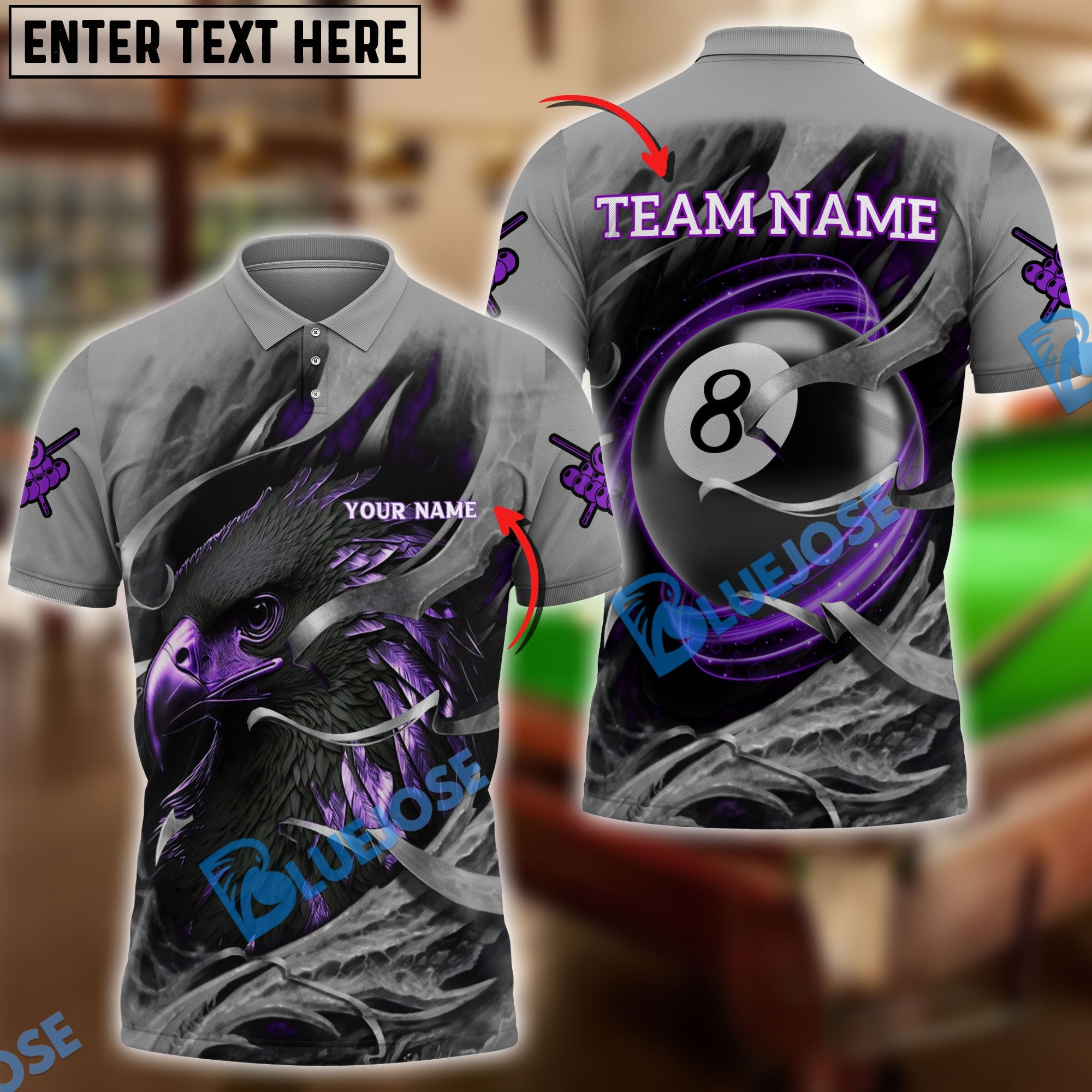 BlueJose Billiards Eagle Pool 8 Personalized Name, Team Name Unisex Shirt (4 Colors)