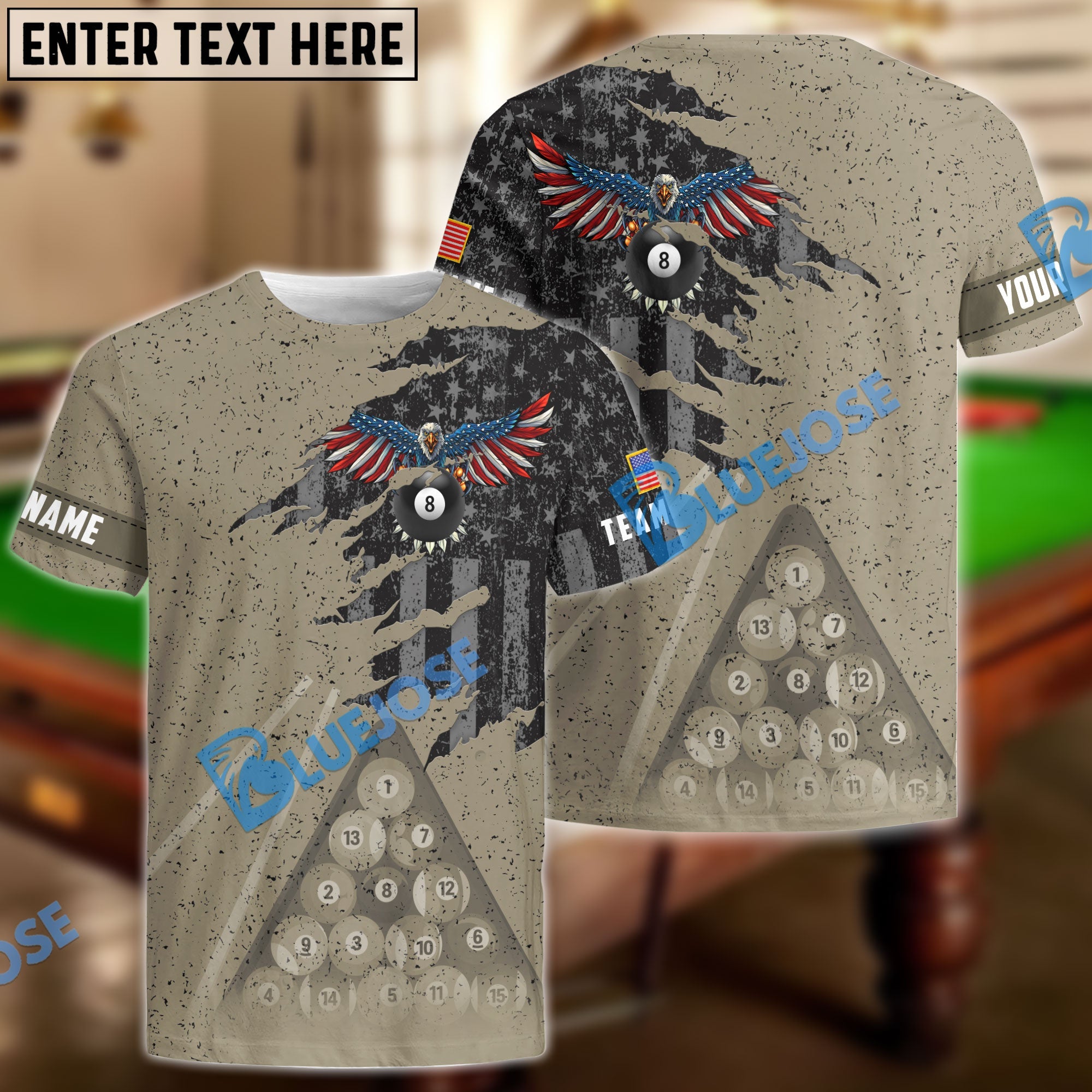 BlueJose Eagle Retro American Flag Billiard Custom Name Polo Shirt