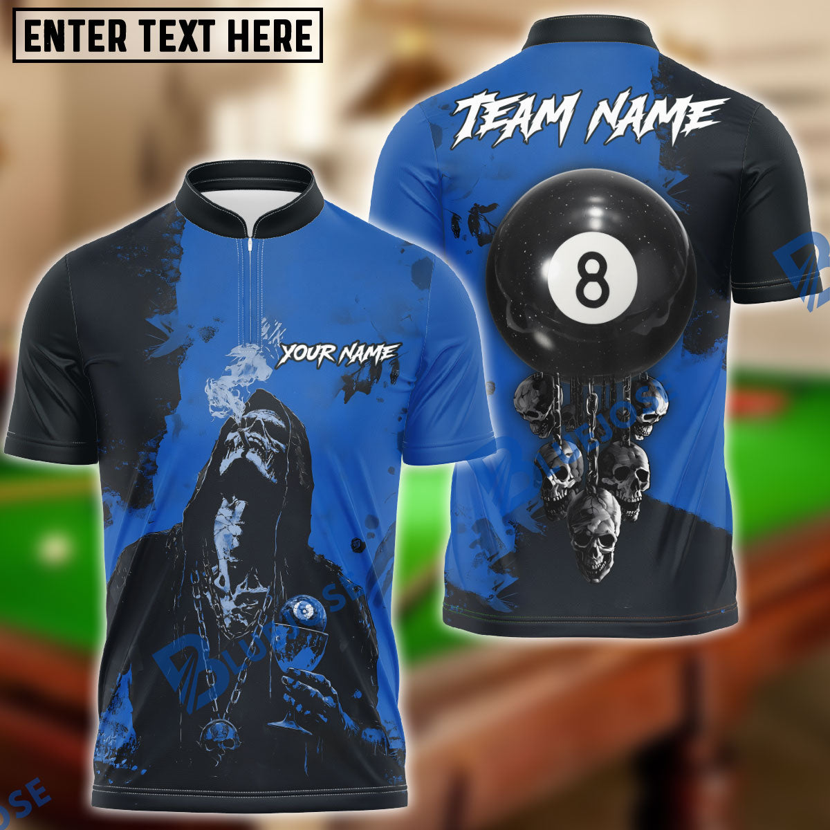 BlueJose Billiards Ball 8 Smoke Drink Chain Skull Personalized Name Shirt (4 Colors)