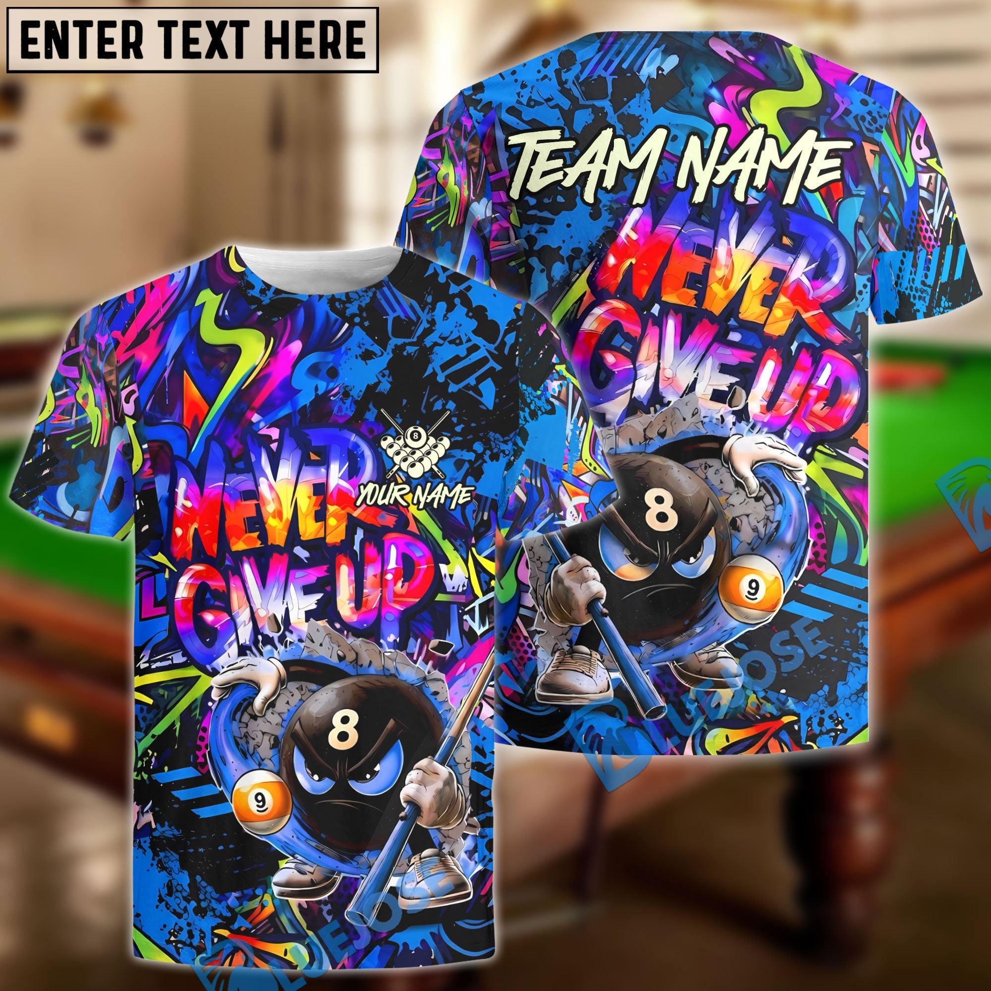 BlueJose Billiards 8 Ball Serious Never Give Up Graffiti Personalized Name Shirt (4 Colors)