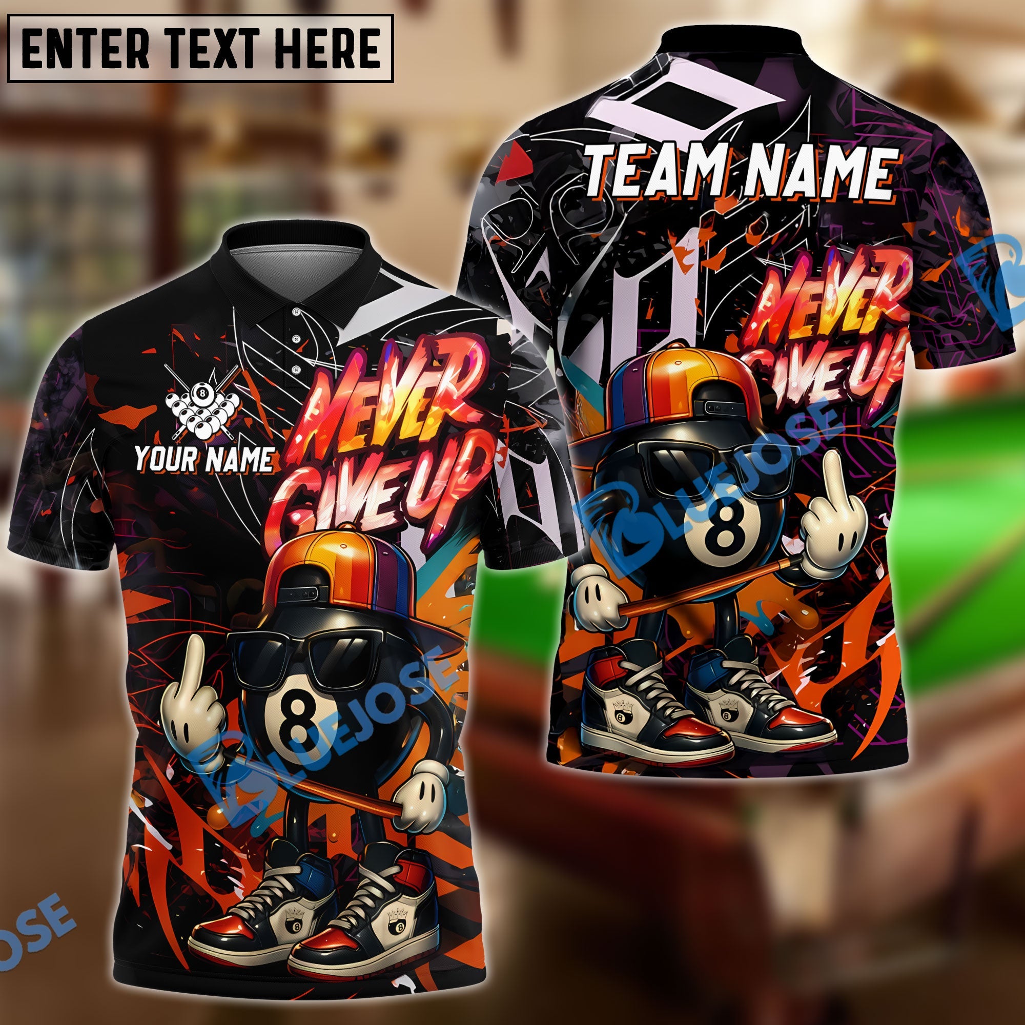 BlueJose Billiards Funny Never Give Up 8-Ball Personalized Name Shirt (4 Colors)