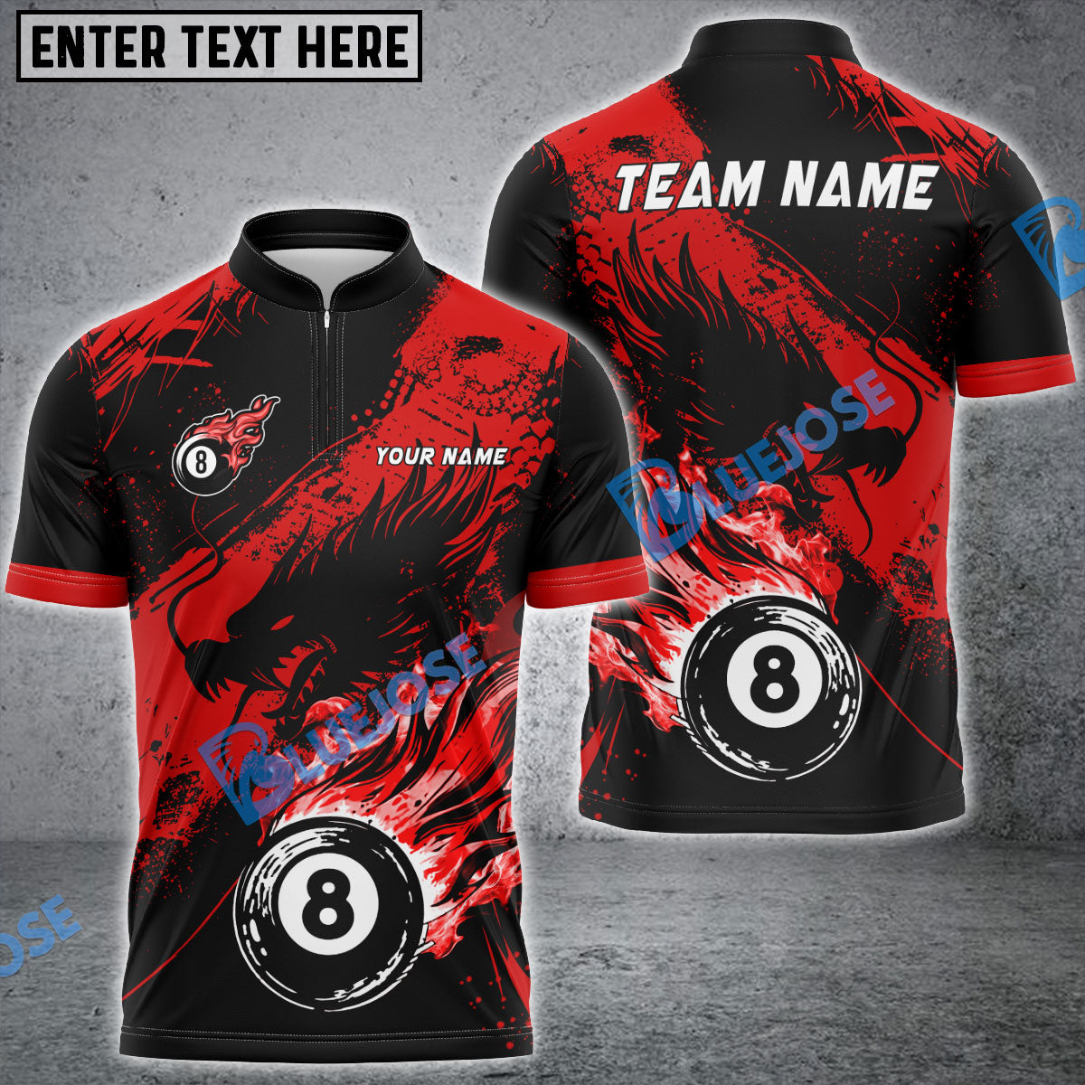 BlueJose Billiards Ball 8 Ink Fire Dragon Personalized Name Shirt (6 Colors)