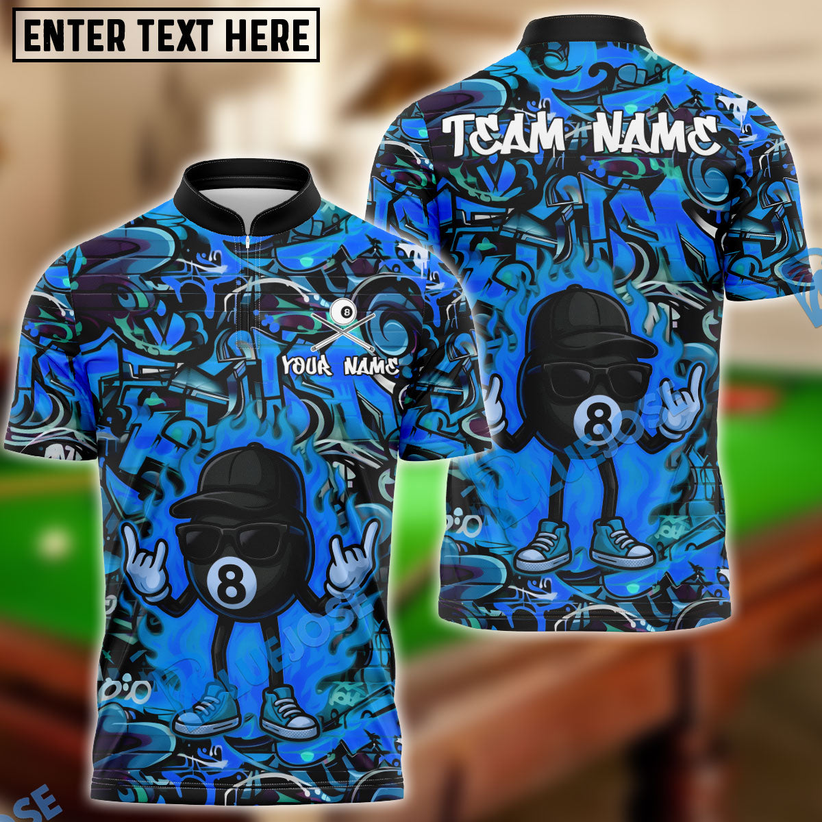 BlueJose Billiards 8 Ball Fire Graffiti Hip Hop Swag Personalized Name, Team Name Unisex Shirt (4 Colors)