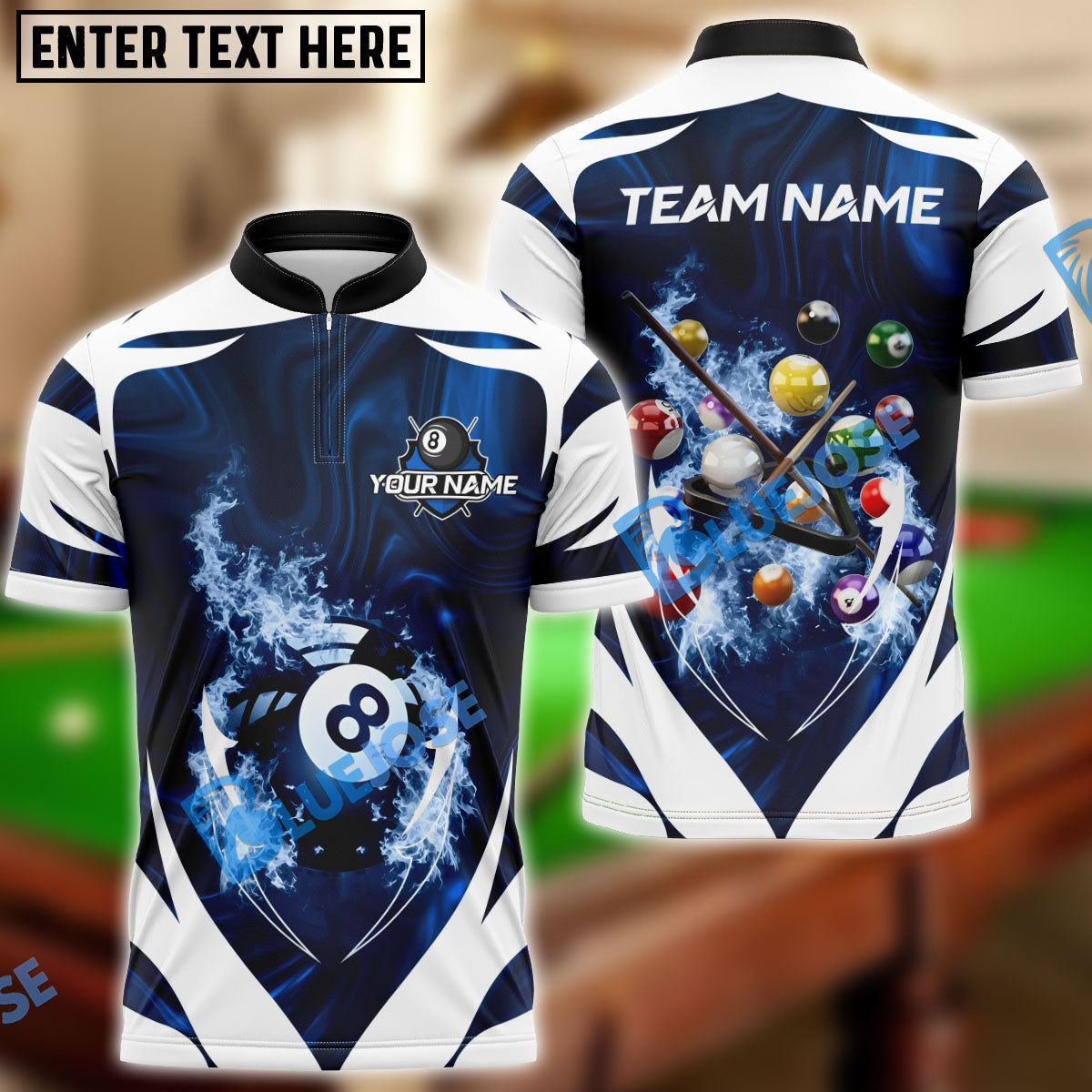BlueJose Billiards 8-Ball Infernal Break Customized Name, Team Name 3D Shirt (4 Colors)