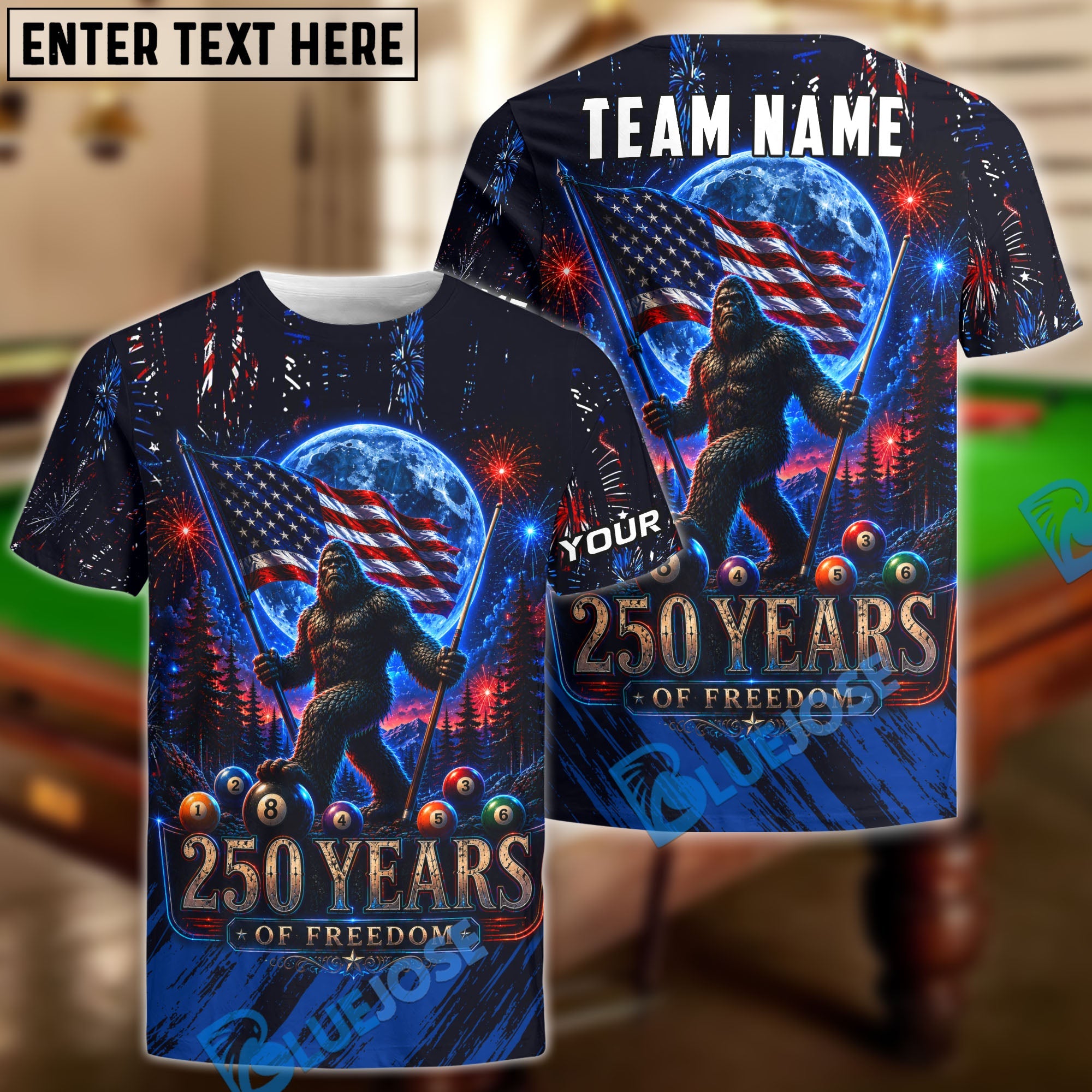 BlueJose Billiards Bigfoot American Flag 8 Ball Freedom Design Personalized Shirt